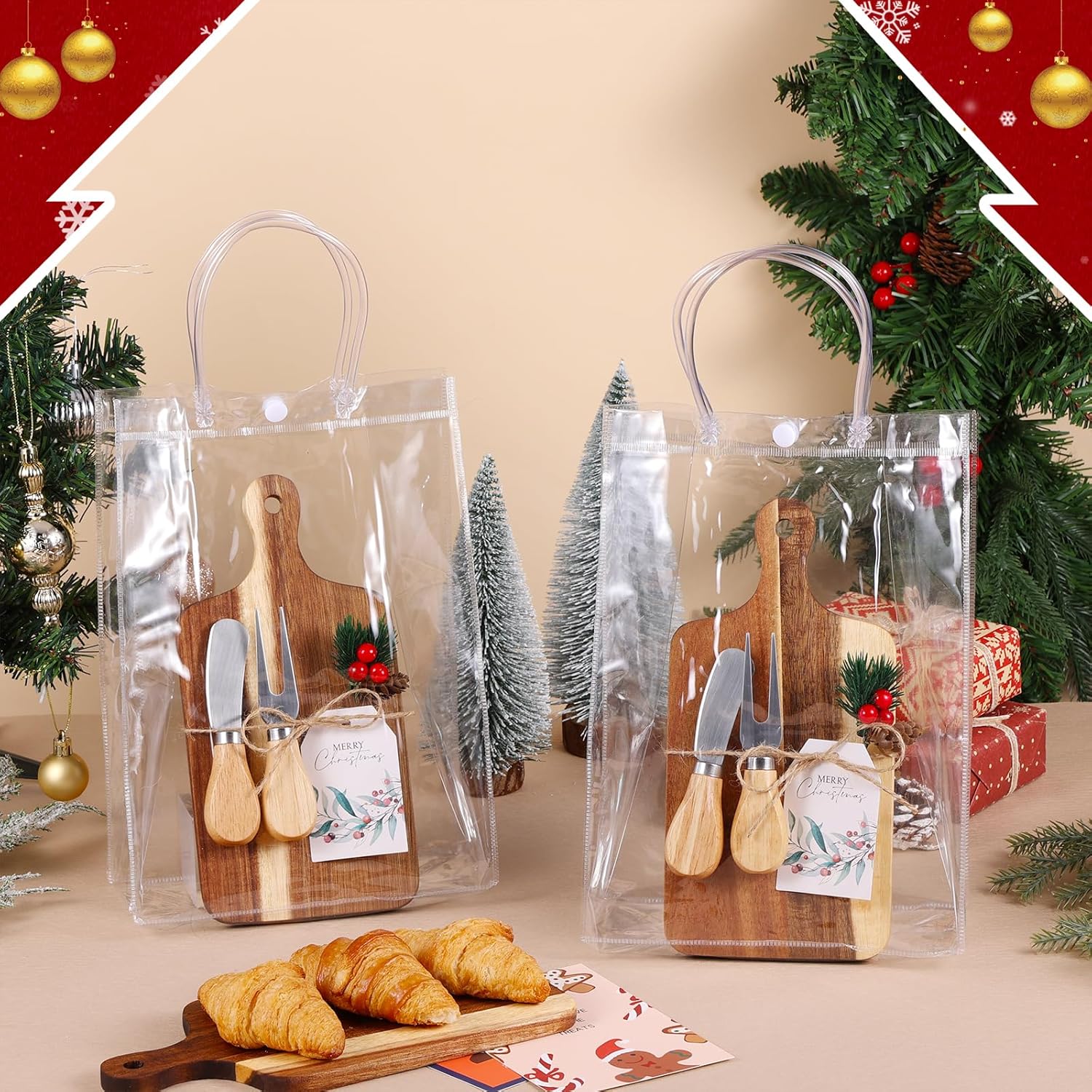 6 Set Charcuterie Boards mini Christmas Gifts Cheese Boards Set Wooden Square Mini Cutting Board bulk Cheese Knives fork PVC Bag Hemp Rope Label for Christmas Decor Party Birthday (Wooden)