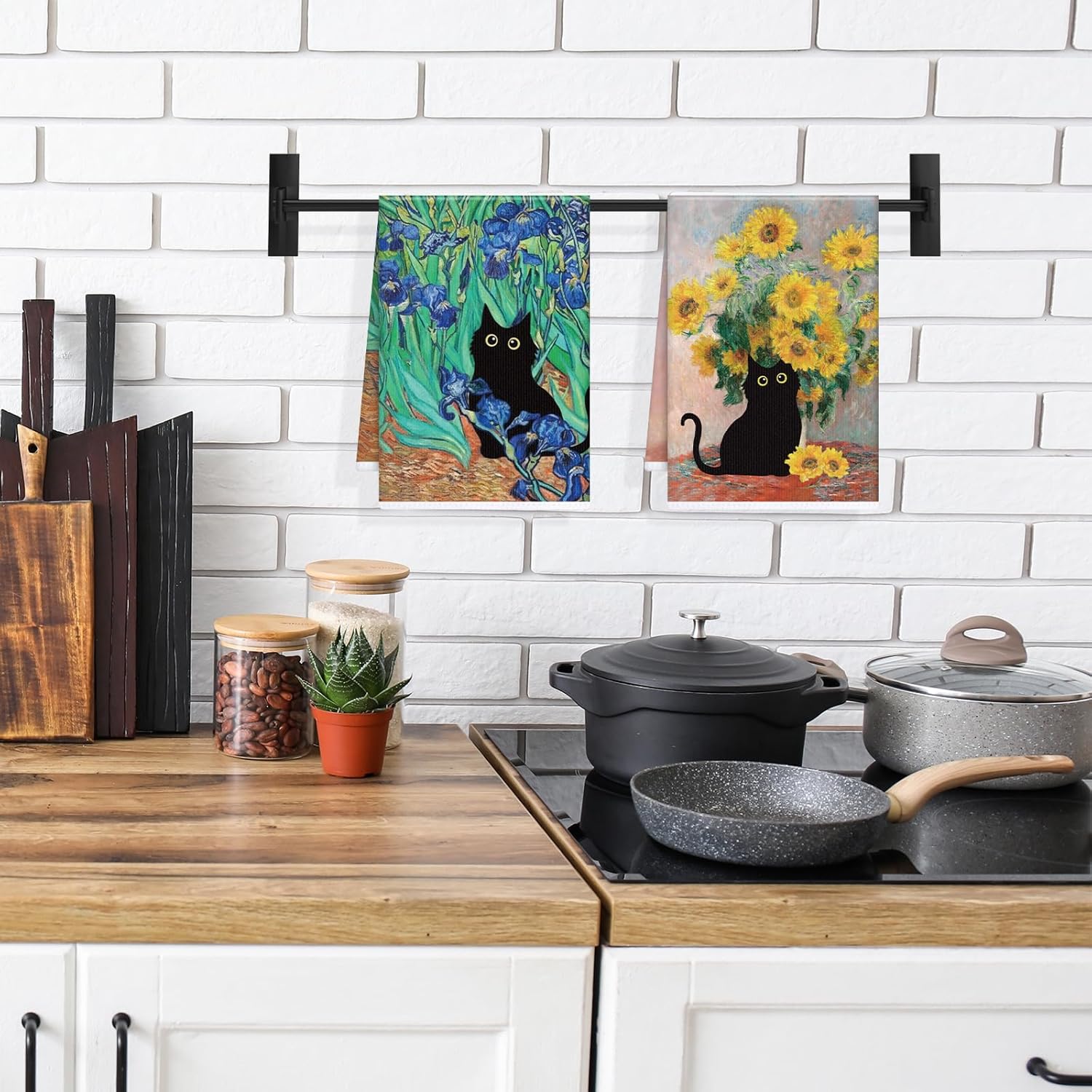 Black Cat Kitchen Towels, 4PCS Oil Painting Dish Towels for Cooking Cleaning, Absorbent Aesthetic Decorative Tea Towel with Hanging Loop for Home Kitchen(16 X 24 Inches) - Image 4