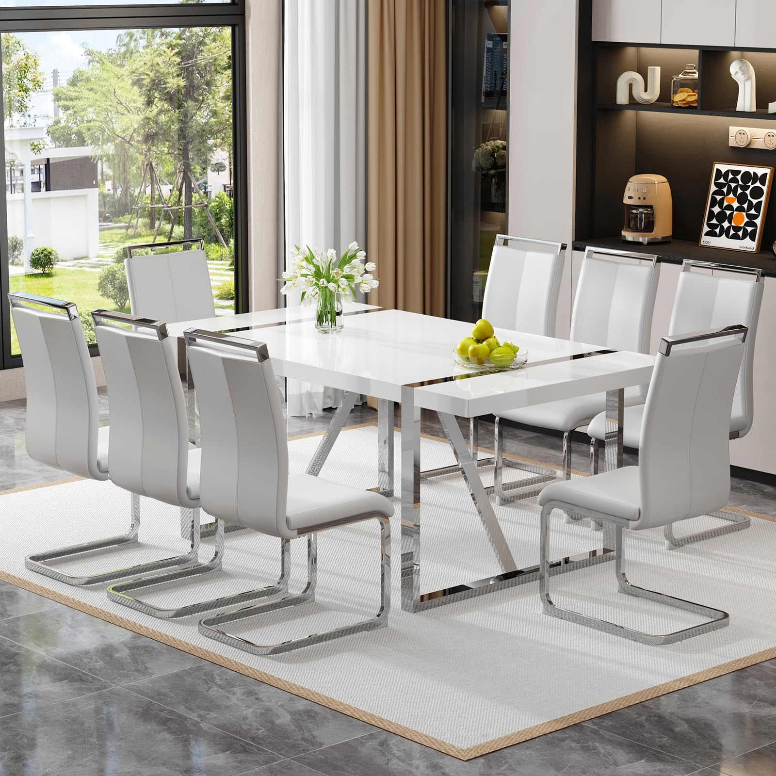 Amazon.com - White Dining Table Set for 8，Rectangular MDF Kitchen