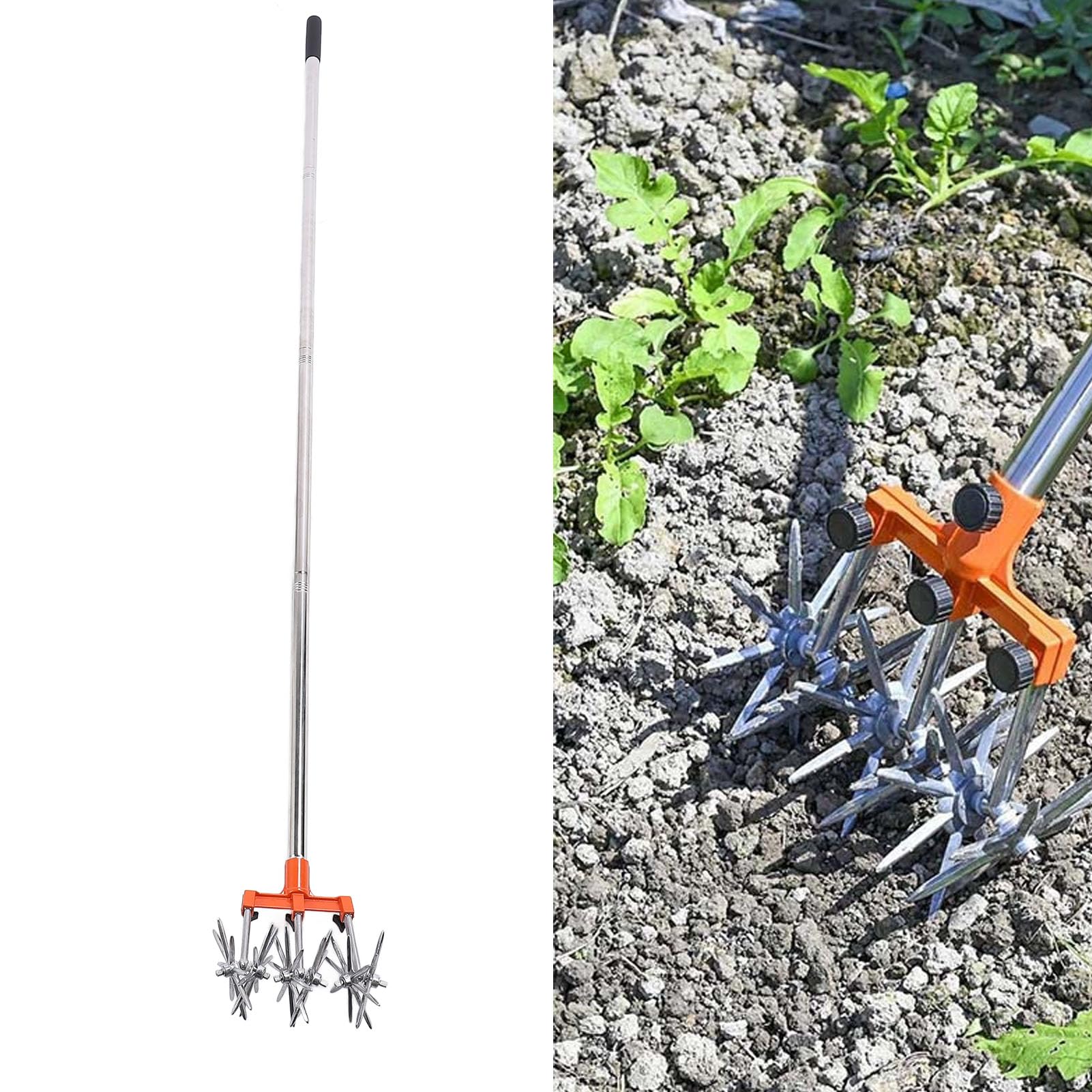 Cultivador Manual de Manual de Tiller, Acero Inoxidable Liviano con 3 Impulsores Intercambiables, Manija y Ruedas Ajustables, Fácil de Ensamblar y Moverse