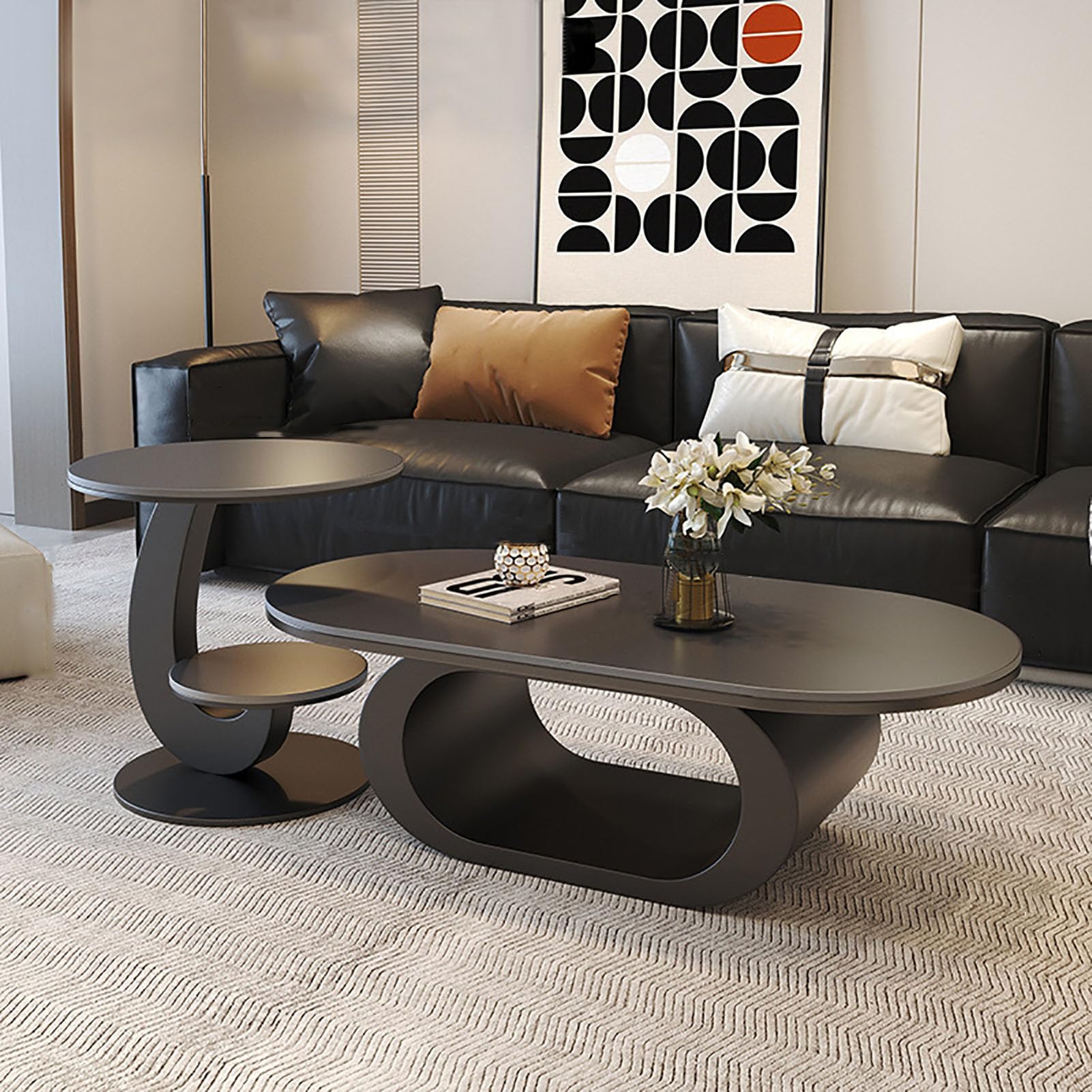 SXZenSpace 39" Oval Marble Coffee Table for Living Room,Modern Luxury Black Metal Base Center with Nesting End Home Decor,F,120x60x42cm(47x24x17inch)