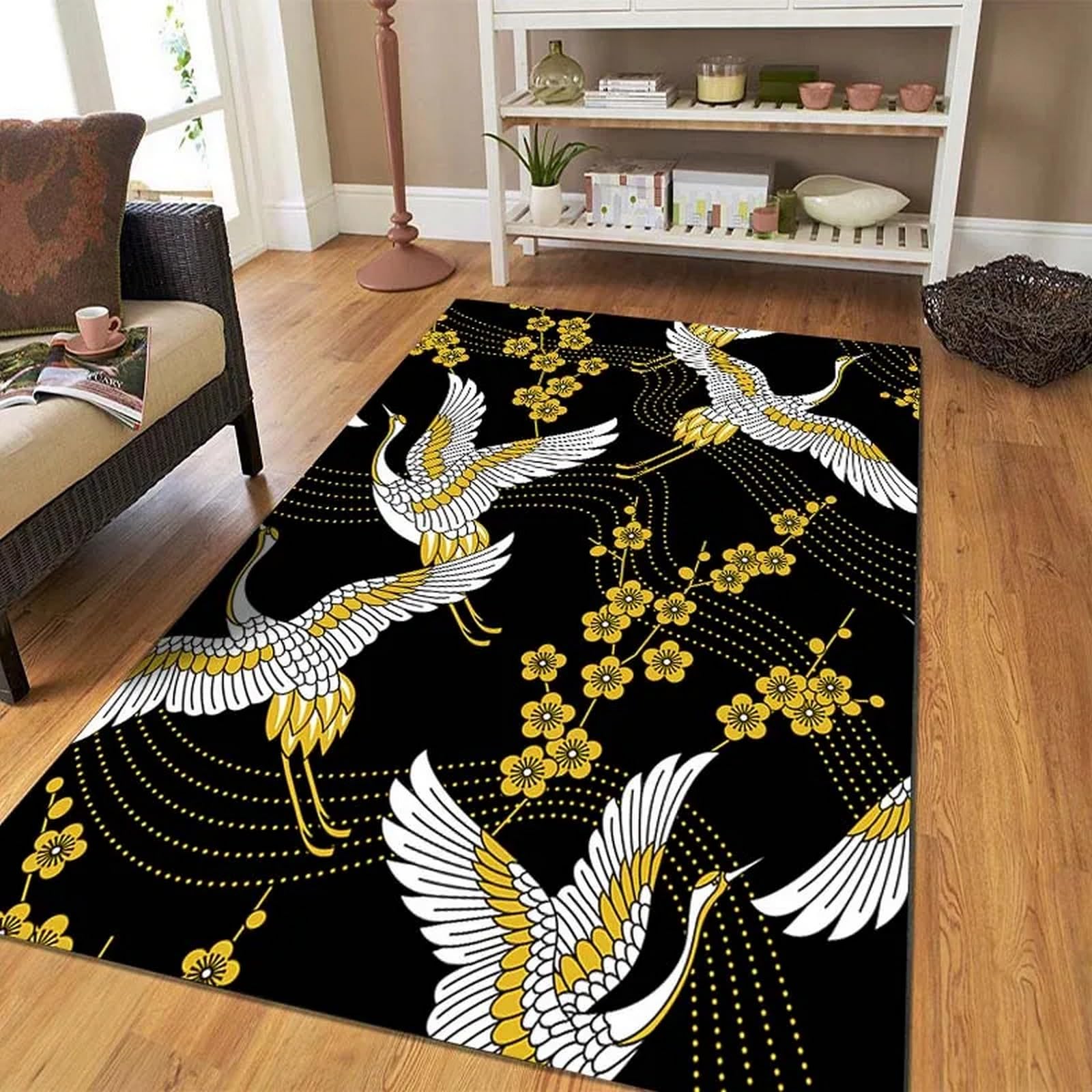 Tapis salon moderne flamant 3D carré et antidérapant en polyester doux