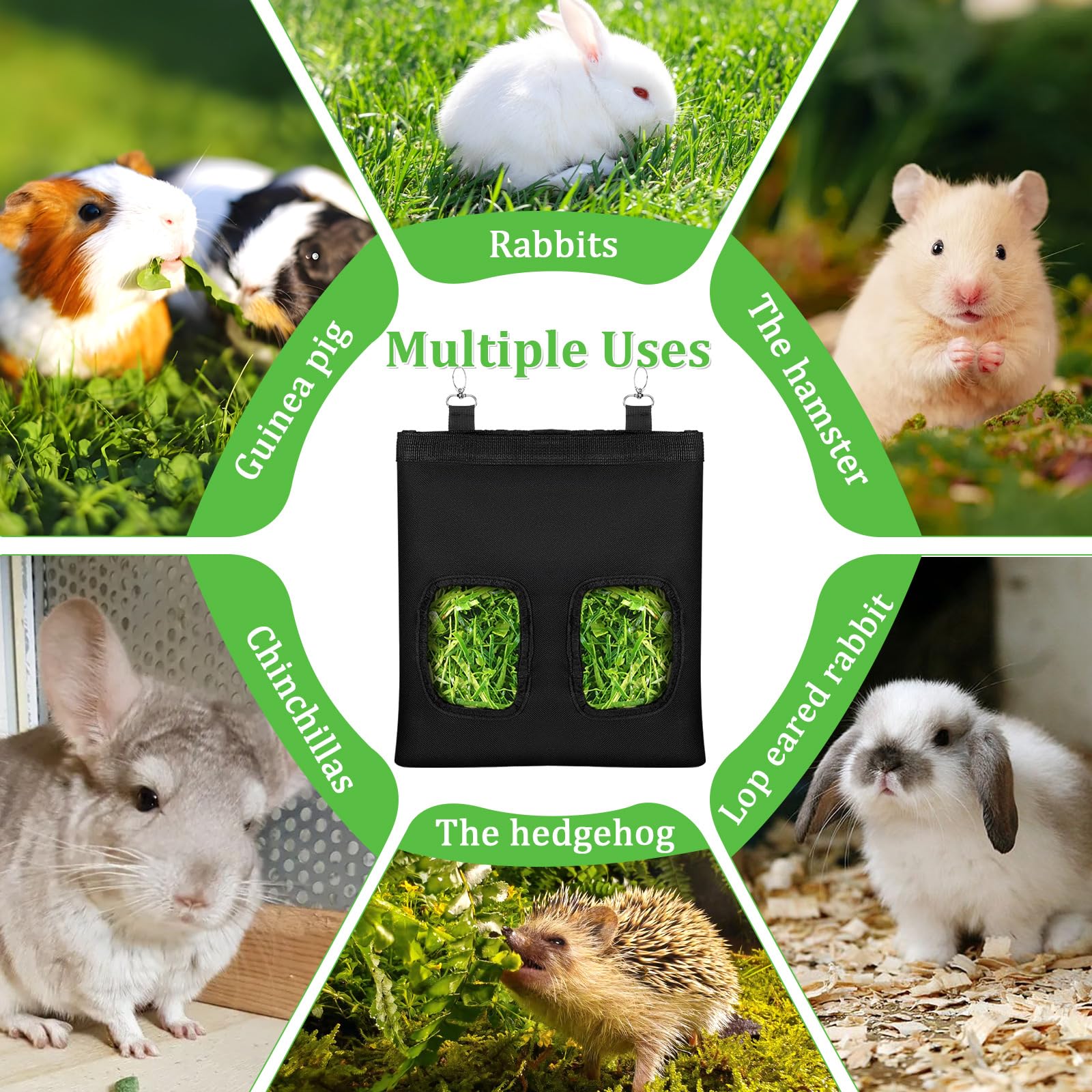 Rabbit Hay Feeder Bag, Guinea Pigs Hanging Hay Rack Manger Holder Dispenser Small Animal Feeder Storage Pouch for Bunny Chinchilla Hamster (Black, 2 Windows) - image 7