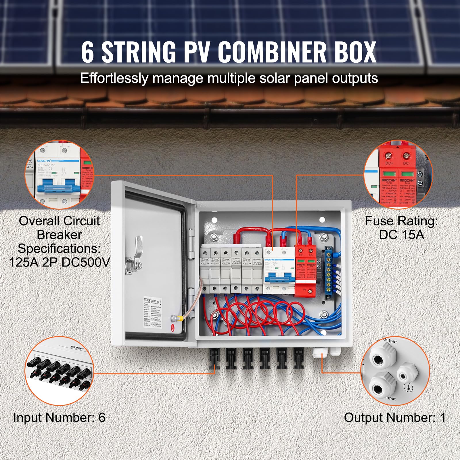 VEVOR PV-Combiner-Box, 6-String, Solar-Combiner-Box mit 15 A Nennstromsicherung, 125 A Leistungsschalter, Blitzableiter und Solaranschluss, Stahlgehäuse für On-/Off-Grid-Solarpanelsystem, IP65