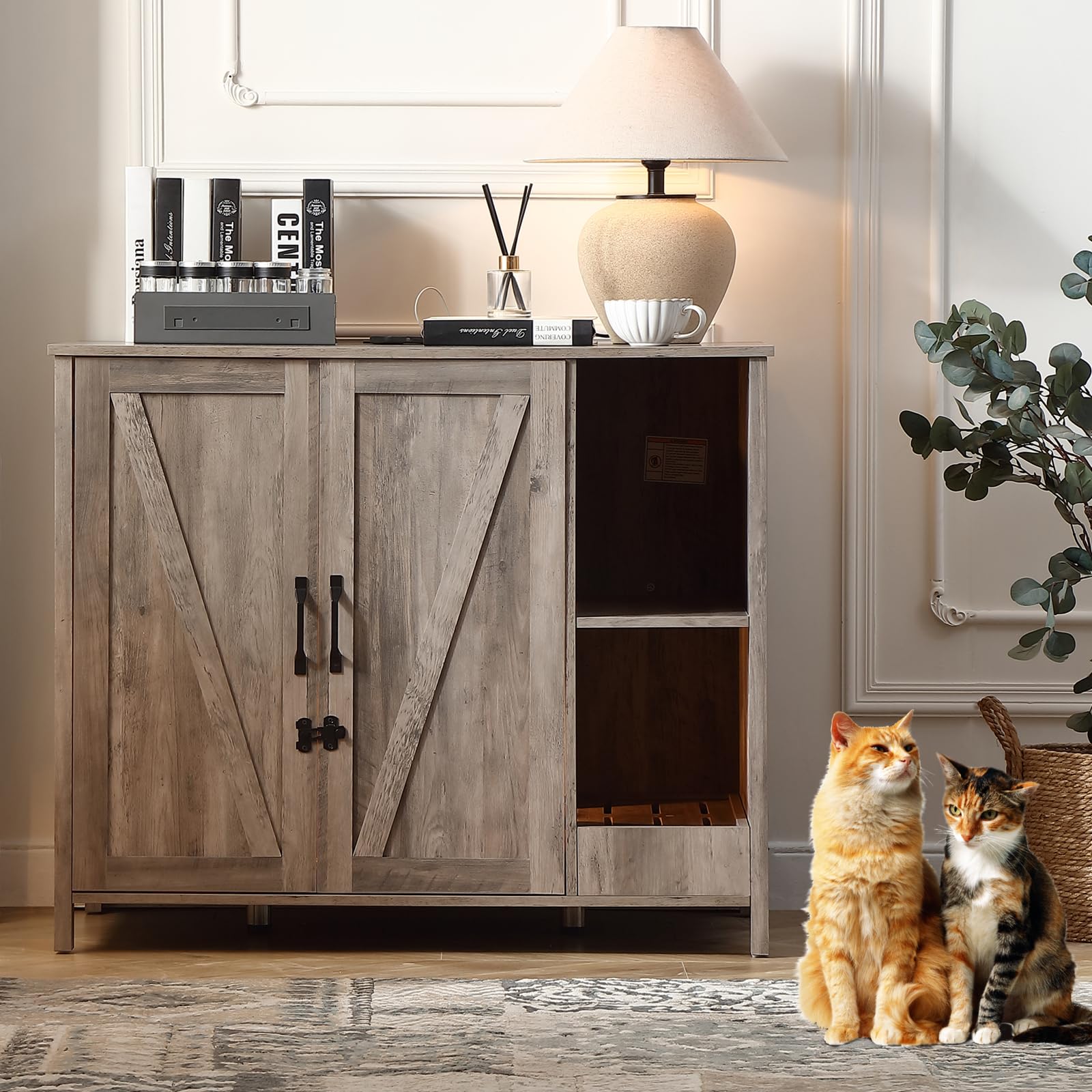 FOREST GRAVITY Cat Cabinet Enclosure Litter Box Large Adjustable Shelf for Storage Added for Cat Litter Collector Furniture Modern 105 * 68 * 89 cm House with Door and Separate Partition Grey
