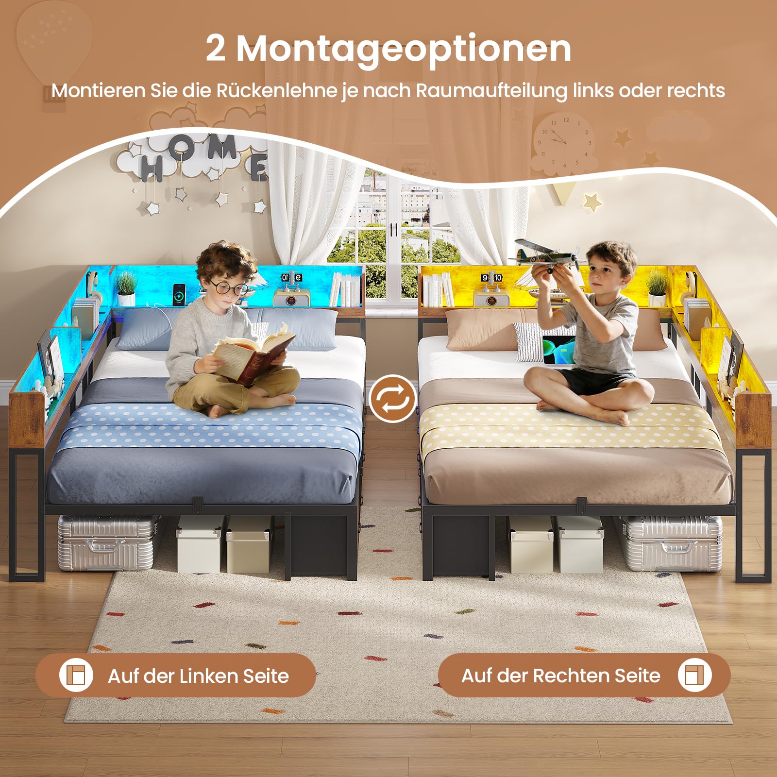 Bett 140x200 mit Stauraum Schlafsofa mit Integriertem Bücherregal & 6 Schubladen,Jugendbett mit LED-Beleuchtung & Ladestation Gästebett Tagesbett Bettgestell mit Lattenrost(Vintage Braun, 140x200cm)