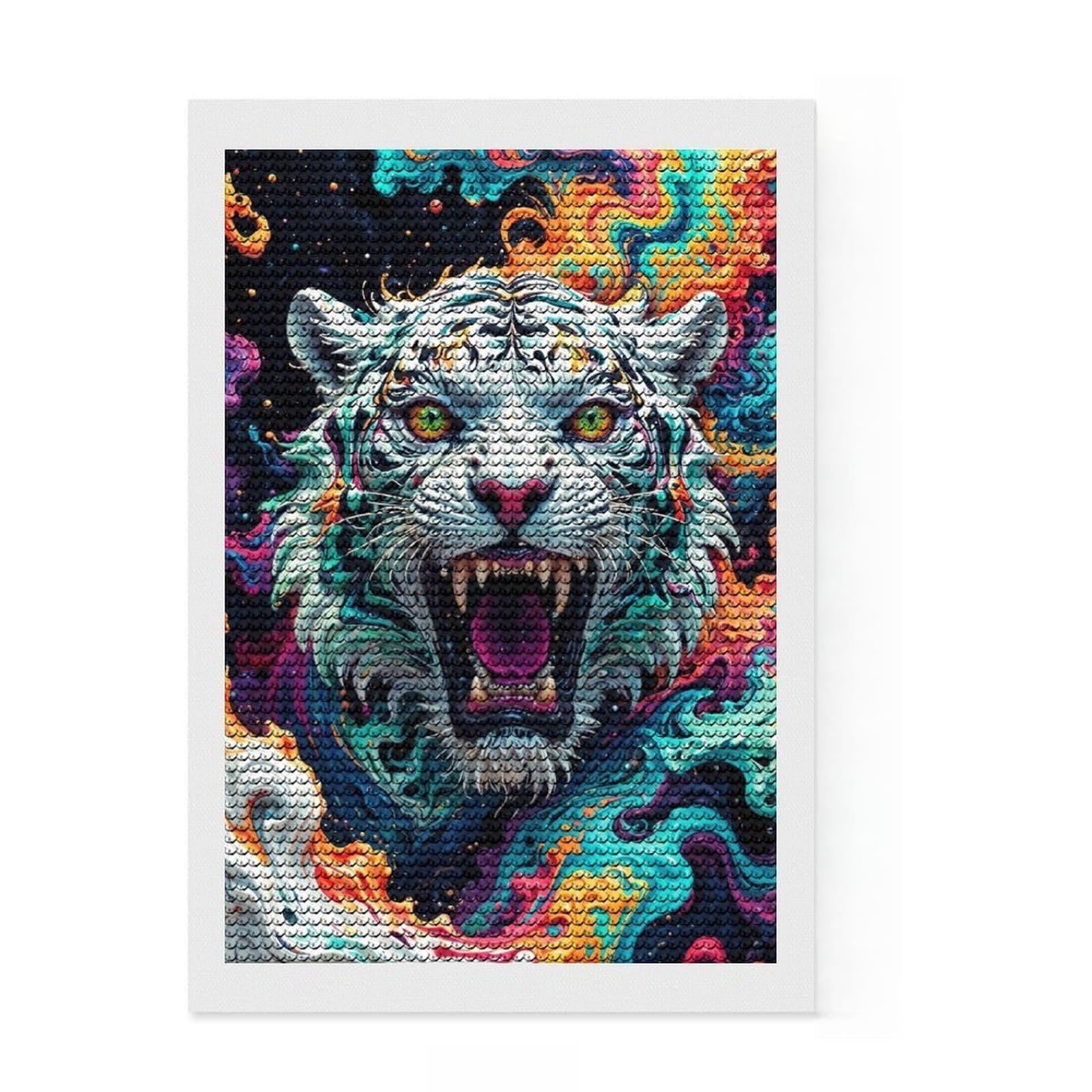 Junmoney The White Tiger Diamond Painting Kit 8"x12", Christmas Gift, for Beginners, Full Kit Included, Aesthetic Room Decor, Printed Canvas