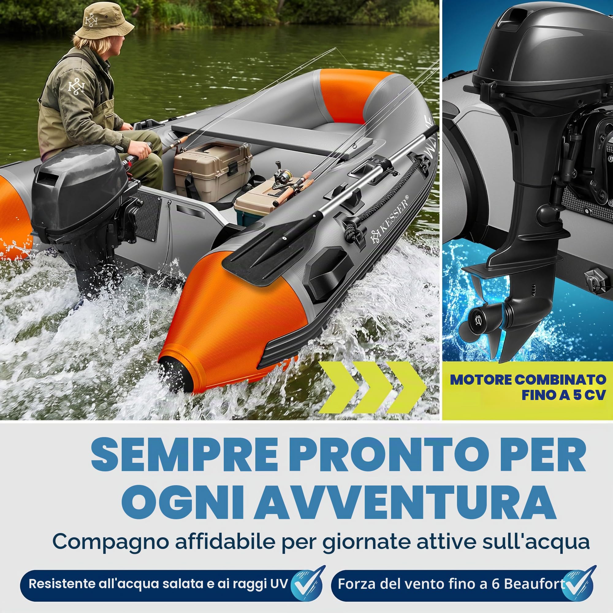 KESSER® Gommone Wave 230-320 cm, set da 6 pezzi gonfiabile – barca + panca, pompa ad aria, pagaia, kit di riparazione, borsa, barca da pesca, barca a pagaia piccola e grande - combinazione motore