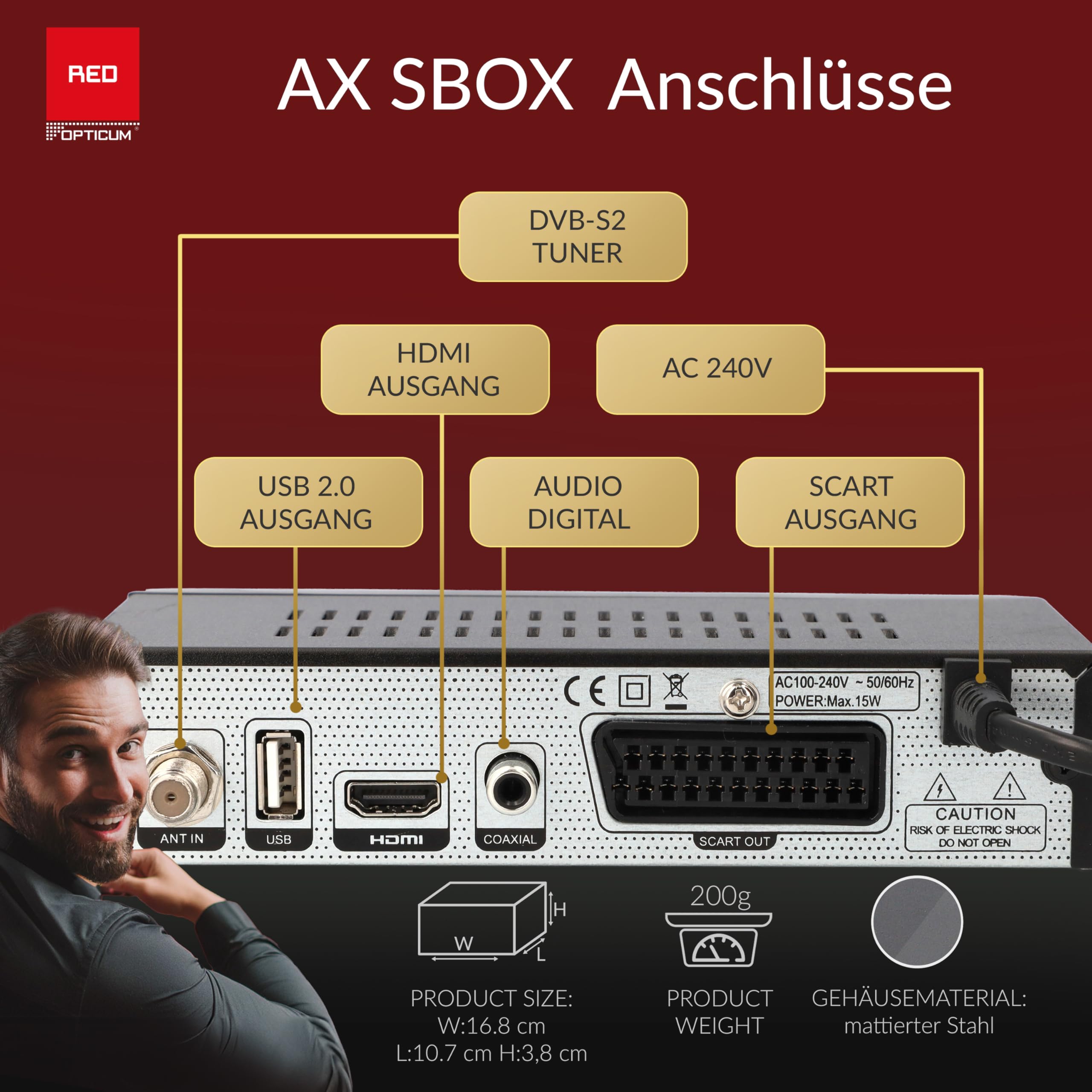 RED OPTICUM HD Sat Receiver für Satellitenschüssel mit Aufnahmefunktion S-Box PVR - Timeshift, HDMI, SCART, USB, Coaxial - Digital TV Receiver für Satelliten/Satellit + HDMI Kabel