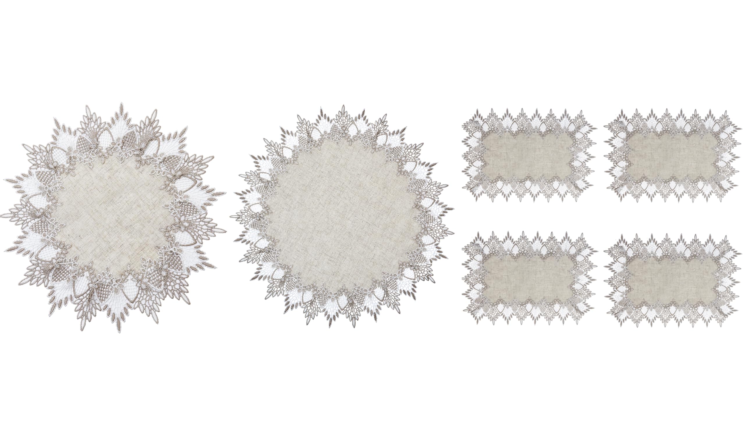 Raedan Natural Neutral Earth Tones Beige Lace Linen Round Placemats Doily 24 Round and Doily 15 Round and Placemats 14”x20” Set of 4 Table Topper Dresser Scarf Place Mats