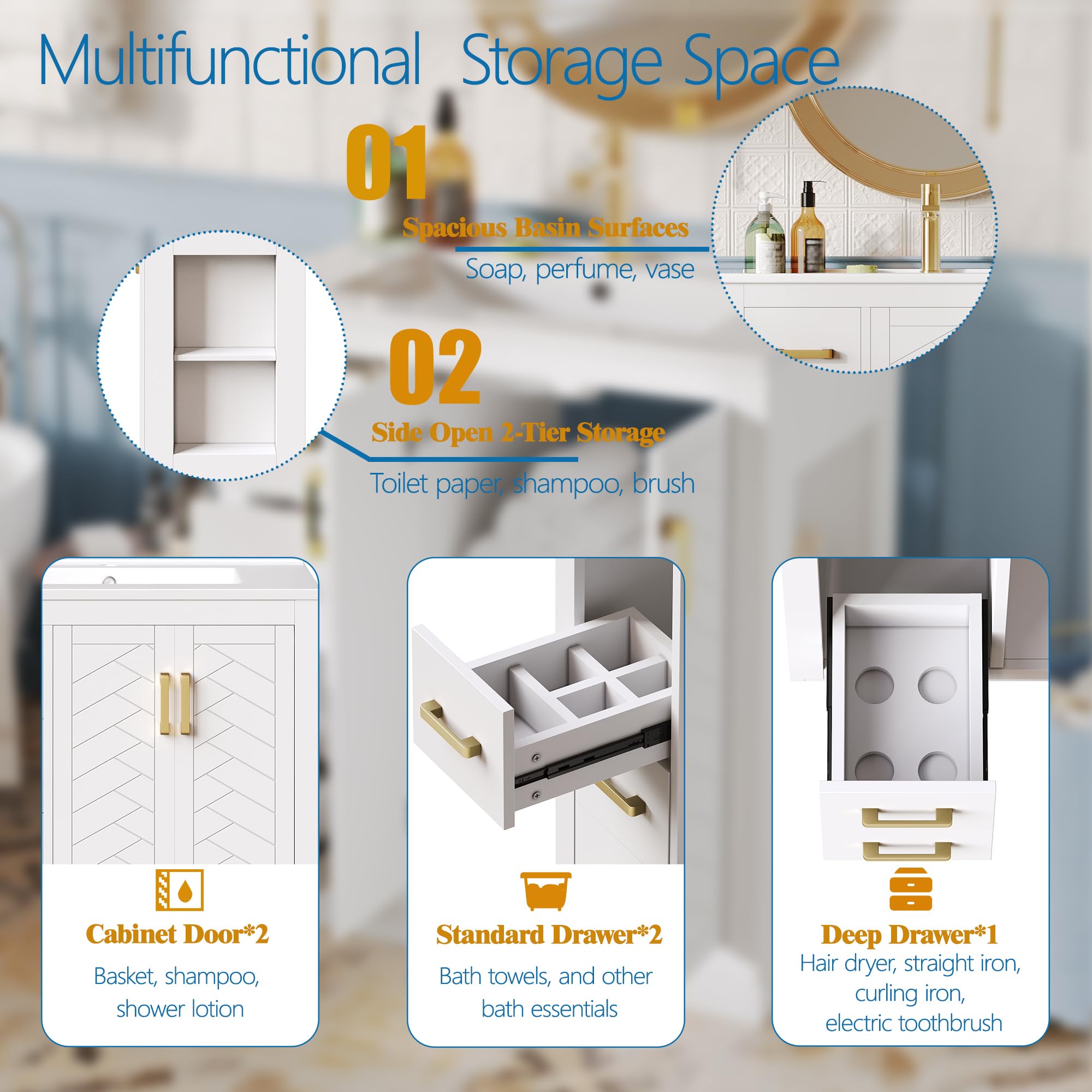 Mobile sottolavabo, 76,5 × 46,5 × 84,5 cm con 3 cassetti e ripiano laterale, armadio da bagno con molto spazio, cerniere e piscine in ceramica, colore: bianco