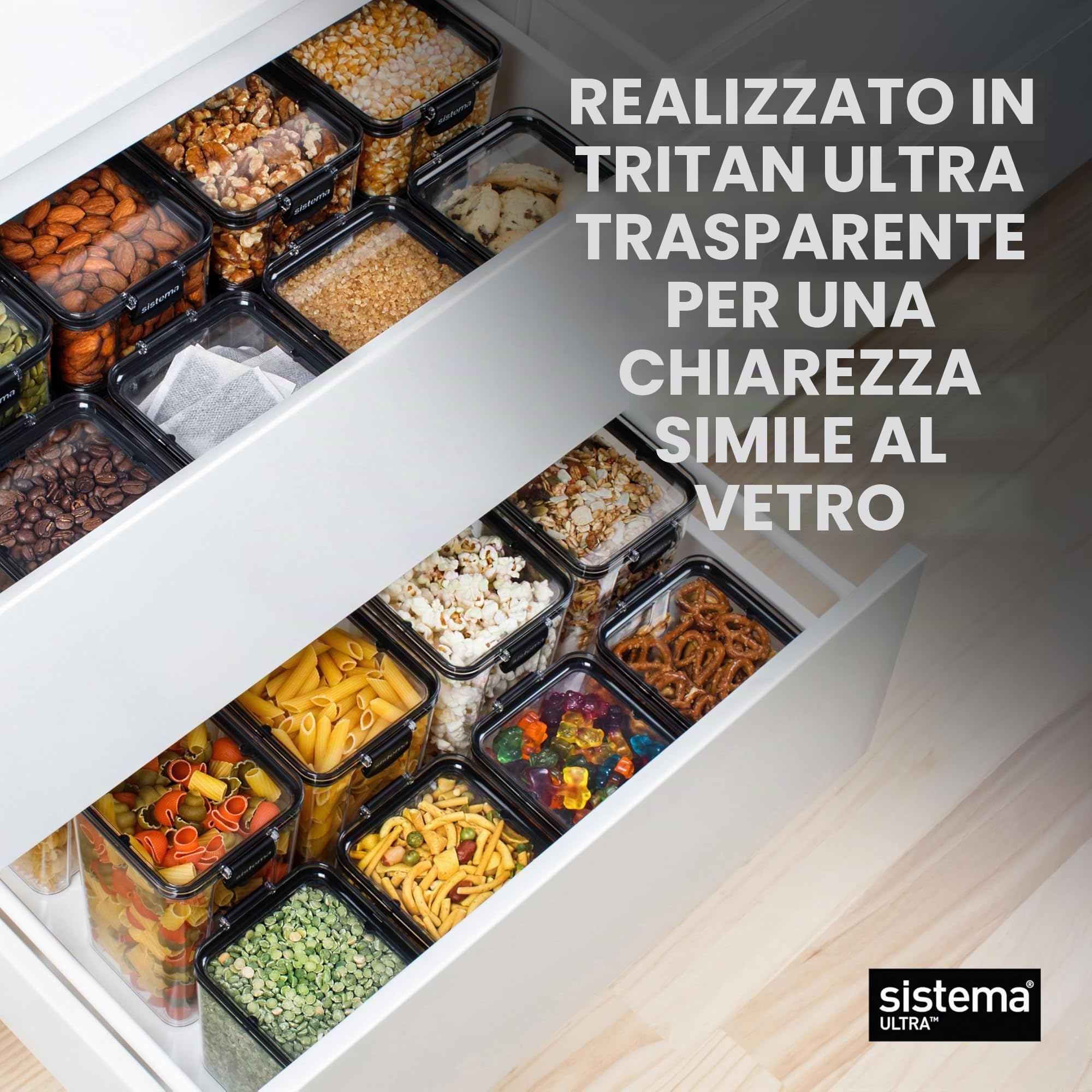 Sistema Ultra Square Contenitori ermetici dispensa | Conservazione degli alimenti di capacità assortita | Impilabile | Clip di bloccaggio | Senza BPA | Trasparente e nero | 5 pz