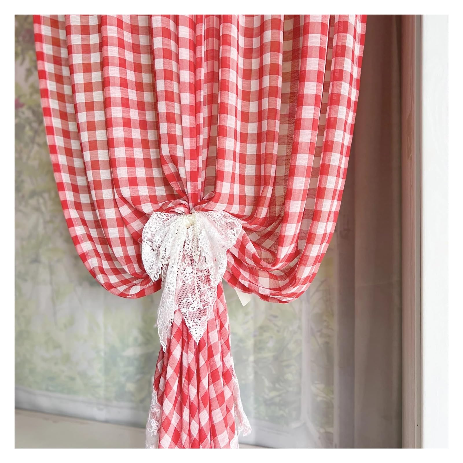 HBALDTEDC Curtains Ruffle Sheer Overlay, Ruffled Lace Curtain Plaid Semi Sheer Red Multiple Sizes(W140xH225CM-1PC)
