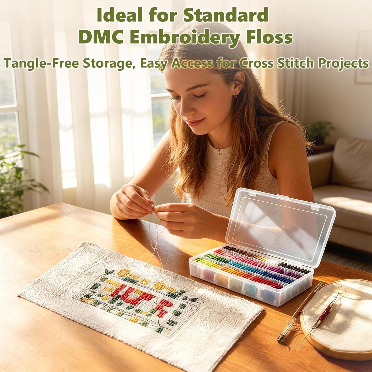 Embroidery Floss Organizer Compatible with DMC Thread, Clear 36-Grid Storage Box with Removable Dividers, Thick Plastic Cross Stitch Thread Organizer for Craft Sewing Supplies