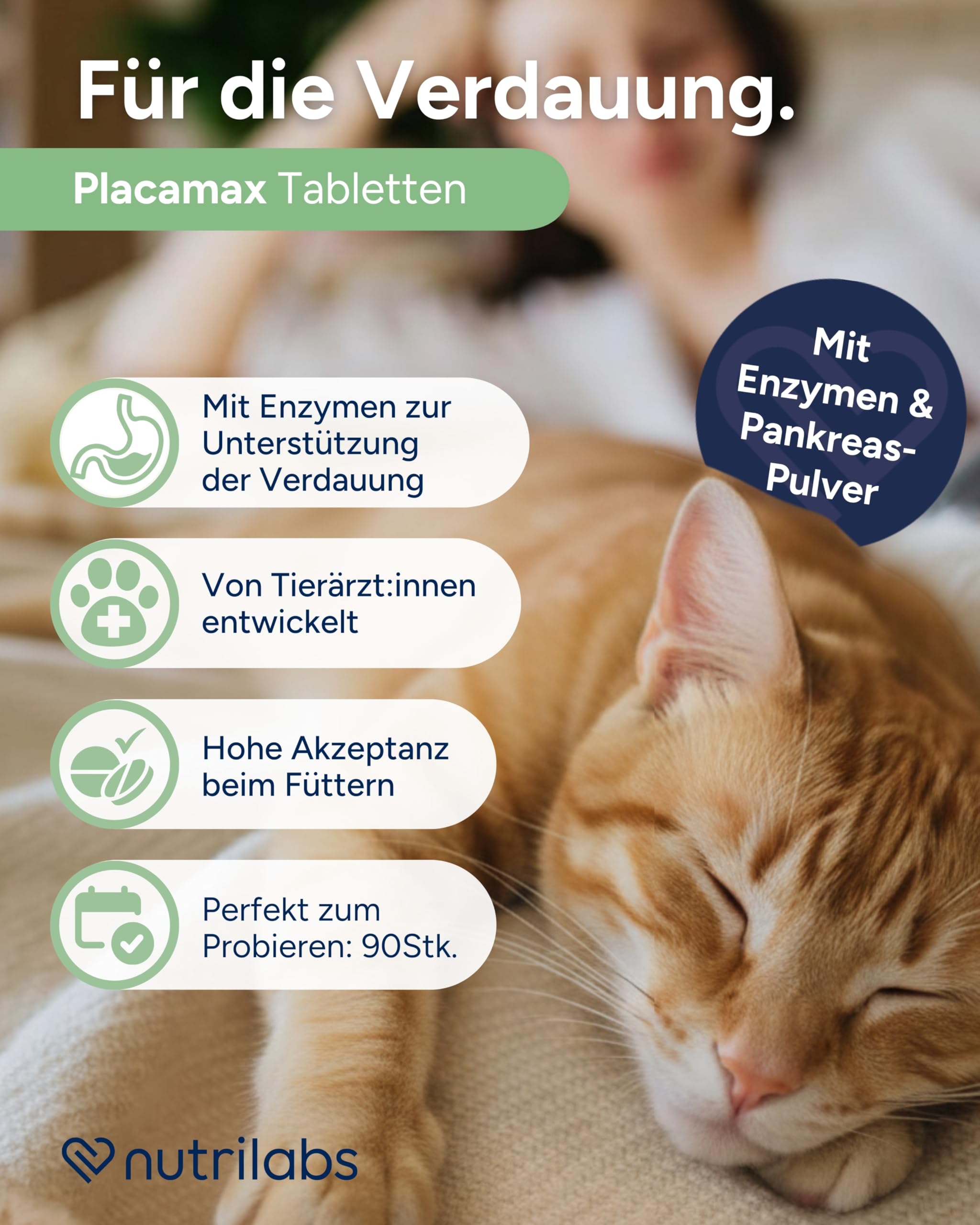 NutriLabs Placamax® Katzen-Tabletten 90 STK. - Gesundheitsprodukte - Verdauungstabletten - Nahrungsergänzung für Katzen - Ergänzungsfutter mit Pankreas-Pulver u.v.m.