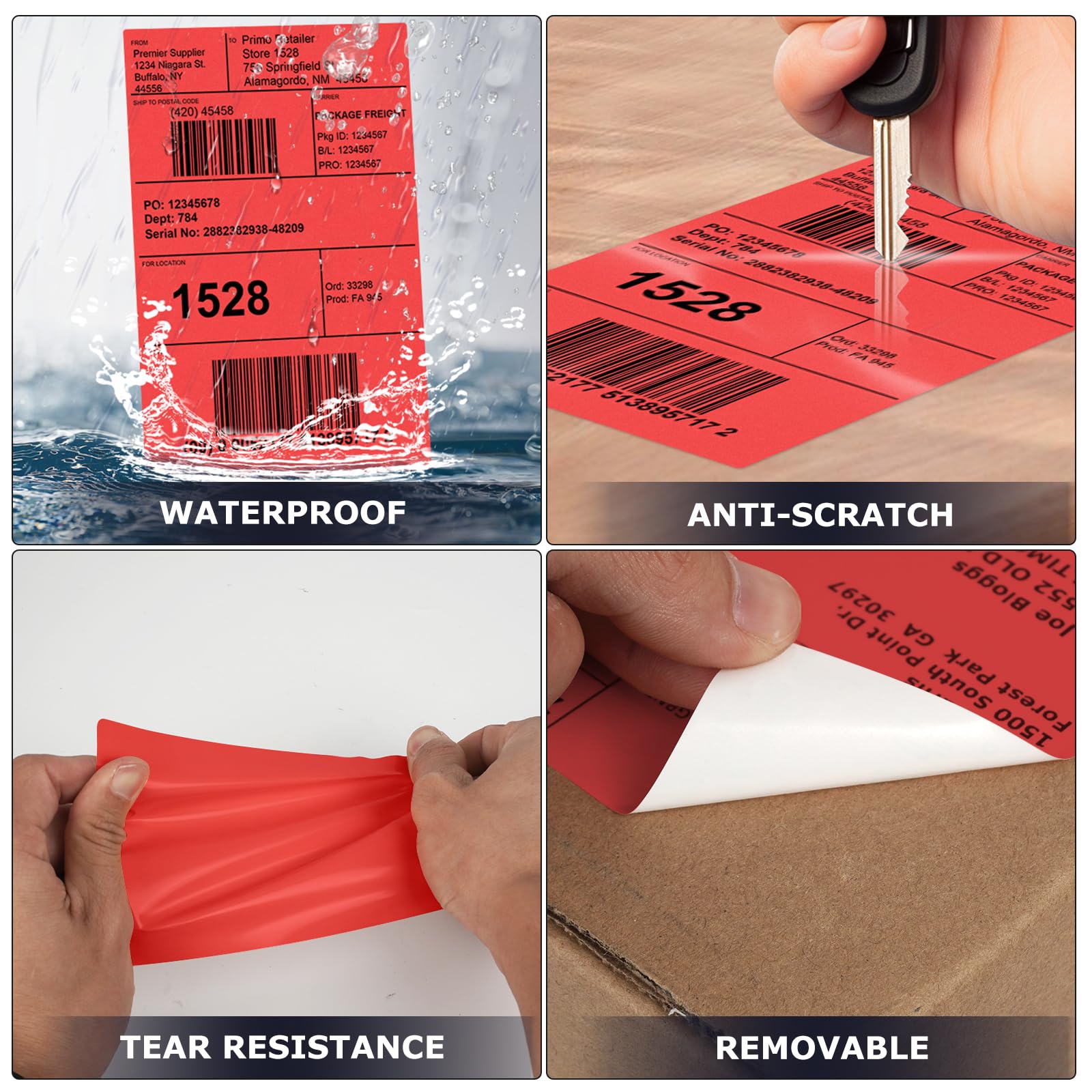 Lot de 500 étiquettes thermiques directes rouges en vinyle - 150 x 100 mm - Autocollants imperméables et perforés pour imprimante - Pour bureau, entrepôt, maison