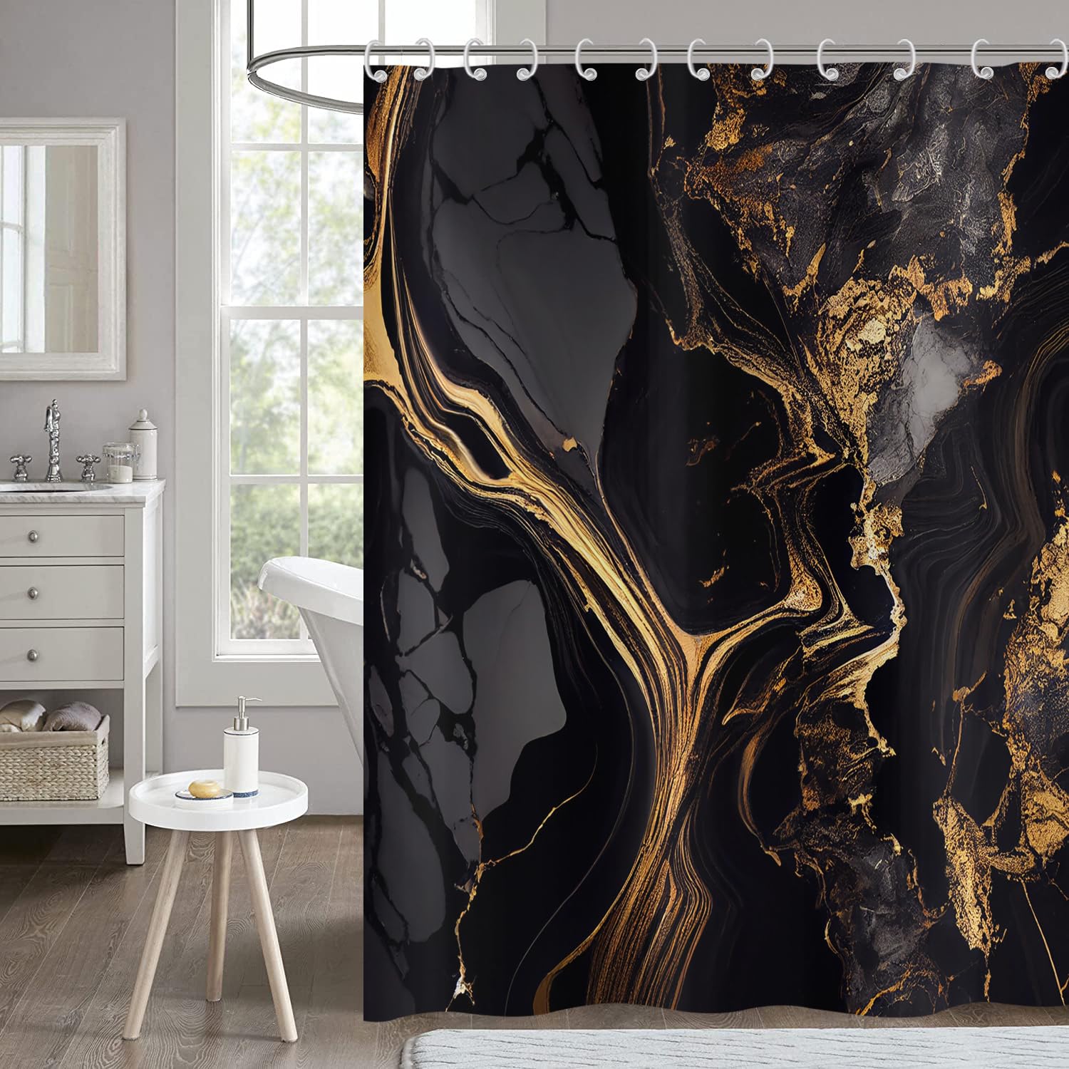 Hnmdmyi Marble Shower Curtain 180x240, Black and Gold Glitter Shower Curtains Abstract Crack Ink Texture Modern Luxury Art Bathroom Curtains Waterproof Fabric Washable Bath Curtains with Hooks — image 1