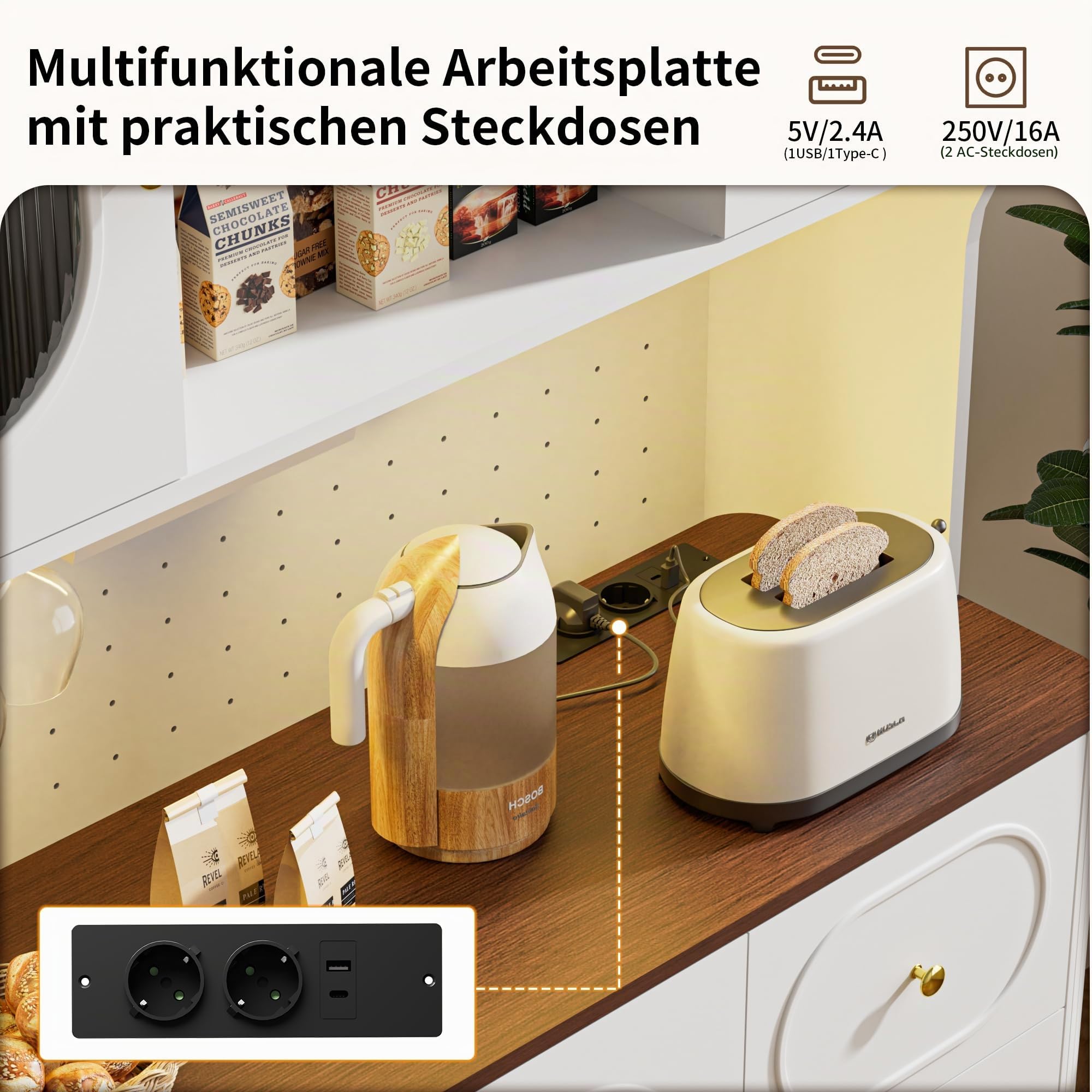BonVache Küchenschrank, Kommode Küche mit Steckdosen und Led-Lichtleisten, Hochschrank Küchenbuffet, Sideboard, 2 Offene Fächer 3 Schubladen, Esszimmerschrank für Wohnzimmer Küche,120x41x180cm,Weiß