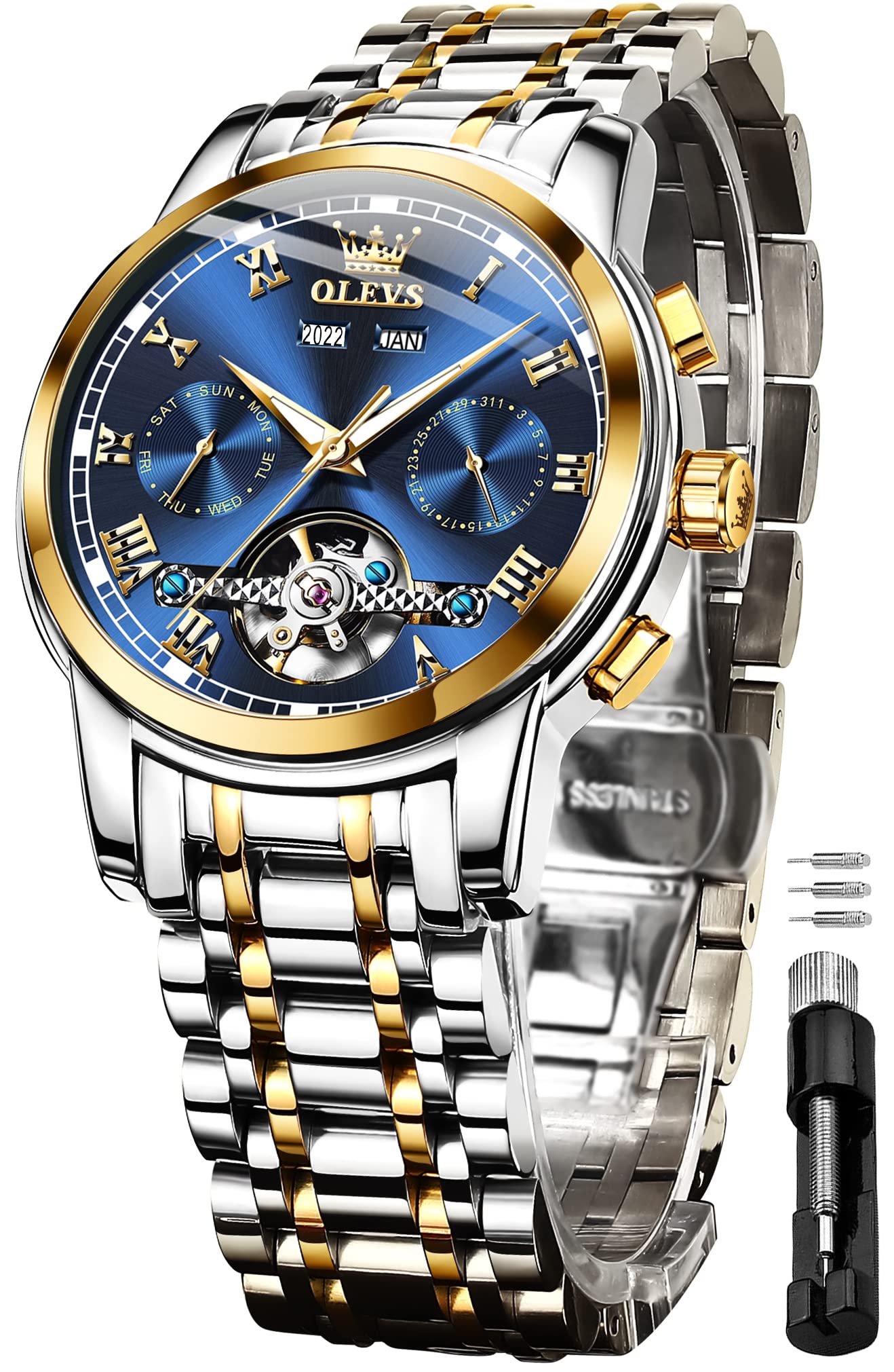 OLEVSSelf Winding Watches for Men Automatic Mechanical Dress Tourbillon Stainless Steel Dual Calendar Waterproof Luminous Wrist Watch