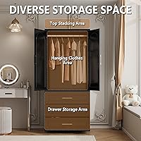 Vista 5 de Armario de metal de 71 pulgadas de alto con tres cajones, armario grande con barra para colgar, armario de almacenamiento de ropa con puertas y Negro