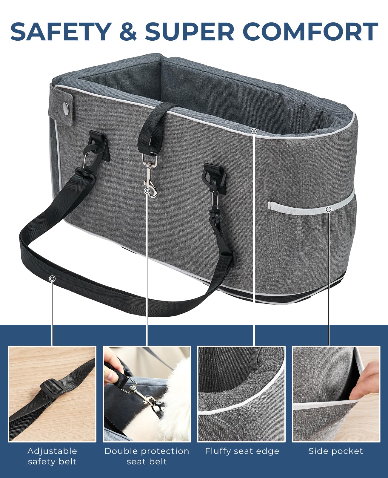 BurgeonNest Dog Car Seat for Small Dog, Center Console Dog Booster Seat with Side Pack, Upgraded