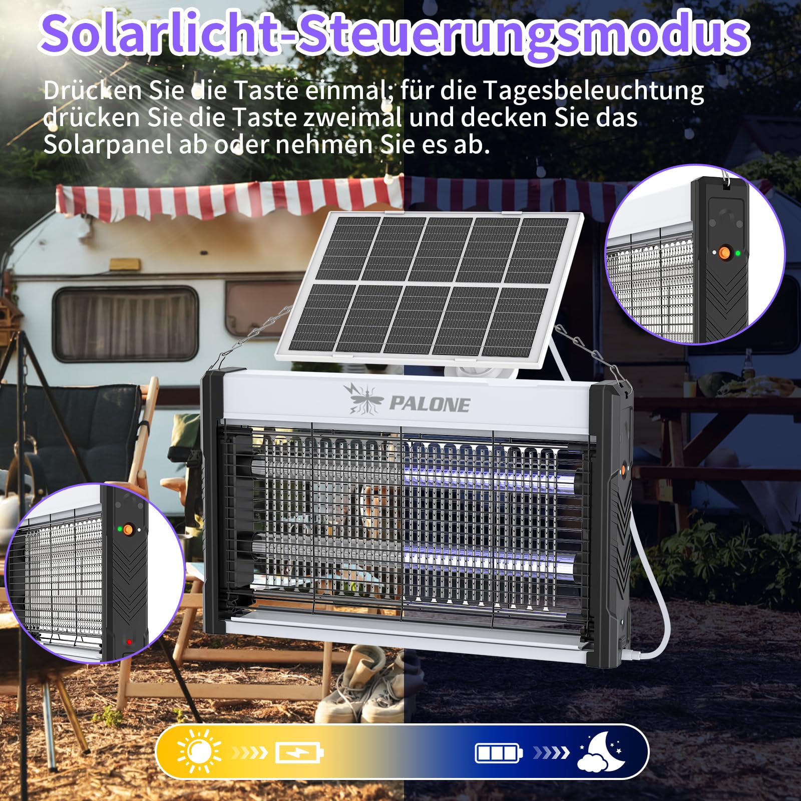 PALONE Elektrischer Insektenvernichter Solar, 3600mAh 4000V USB Insektenvernichter Elektrisch Mit Solarpanel, 2 LED UV-Licht, Tragbar & Effektiv für Innen und Außenbereich