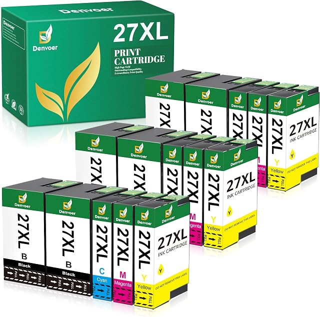 Denvoer 27 XL Ink Cartridges compatible for Epson 27XL Multipack for Espon Workforce WF-7720 WF-7610 WF-7710 WF-7620 WF-7715 WF-7110 WF-7210 WF-3640 WF-3620(6 Black 3 Cyan 3 Magenta 3 Yellow)