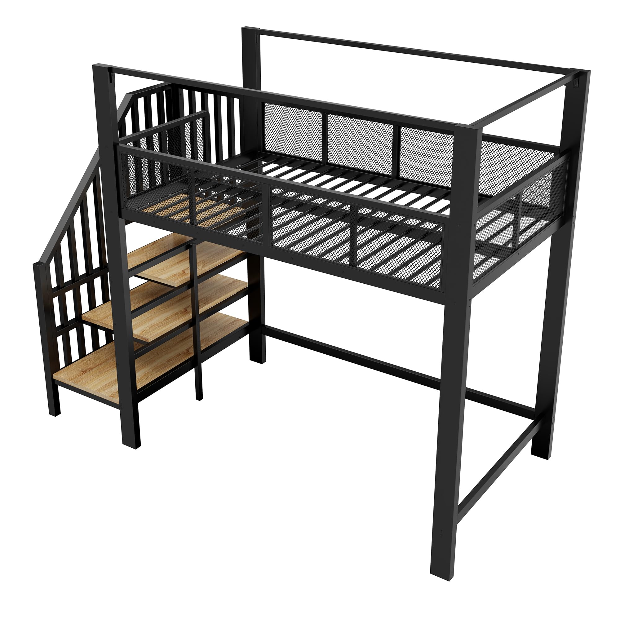 Idemon Letto a soppalco in metallo, 90 x 200 cm, nero, baldacchino, scala di sicurezza, piano di lavoro inferiore, gradini, letto a castello singolo