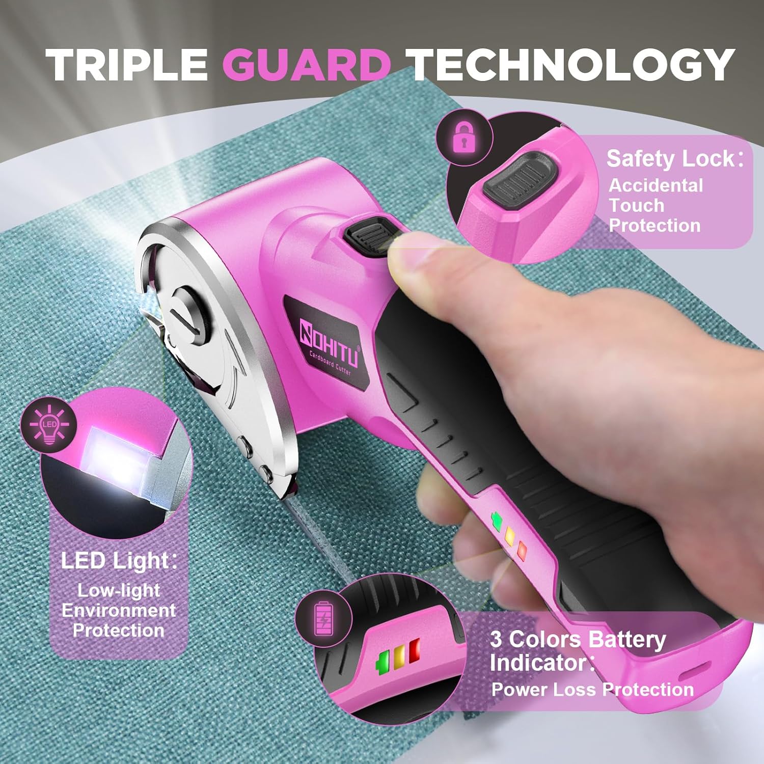 Cardboard Cutter: 4V Rechargeable Rotary Electric Box Cutter, 3000mAh Battery, with LED Light & Safety Lock, 2 Blades, Cordless Electric Scissorsfor Fabric Carpet Carton Plastic Leather Cloth (Pink)