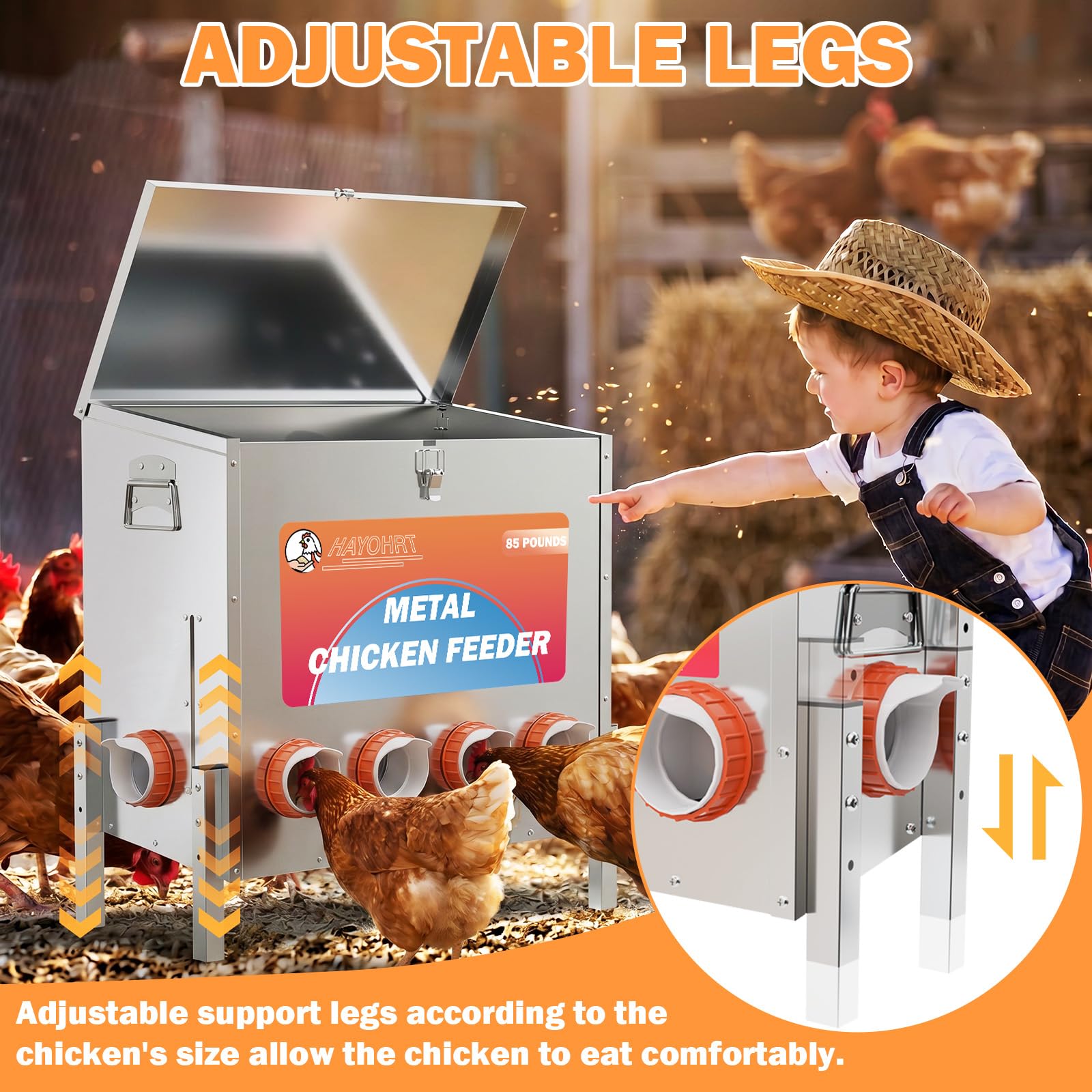 Alimentador automático de pollos de 85 libras, 6 puertos, alimentador de pollo alimentado por gravedad grande con patas ajustables, pestillo de ventana y mango para pollos, bantamos, faisanes