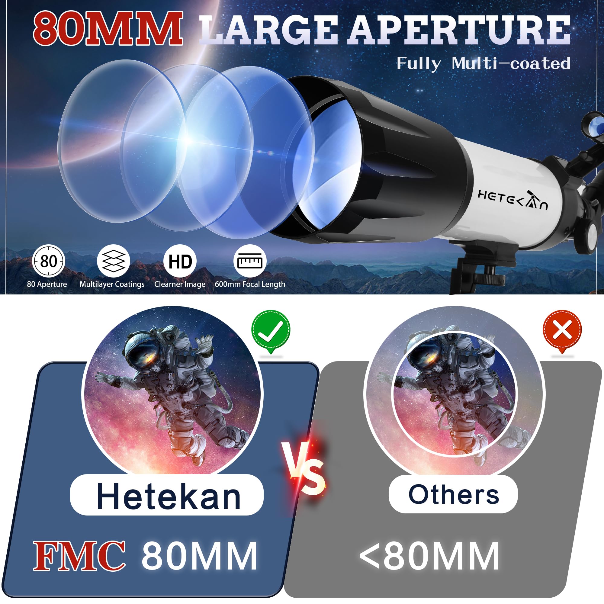 Telescope for Adults,80mm Aperture 600mm Telescope for Kids & Beginners, Refractor Telescope AZ Mount Tripod Fully Multi-Coated Optics 24X-180X High Magnification, with Phone Adapter & Carrying Bag