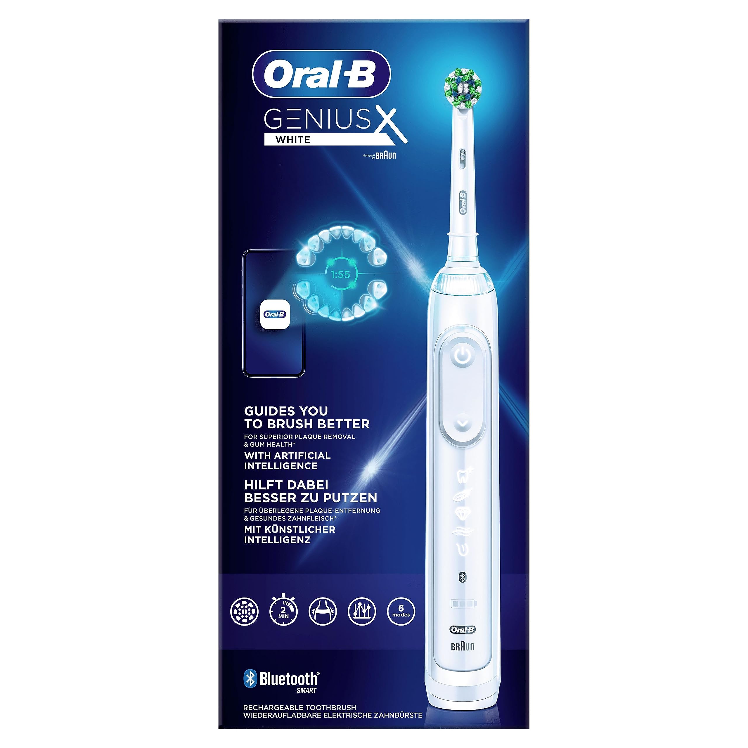 Oral-B Genius X Spazzolino Elettrico 6 Modalità di Spazzolamento, Protegge le Gengive, Azione Sbiancante, Intelligenza Artificiale, 1 Testina, Batteria Litio, Idea Regalo, Bianco
