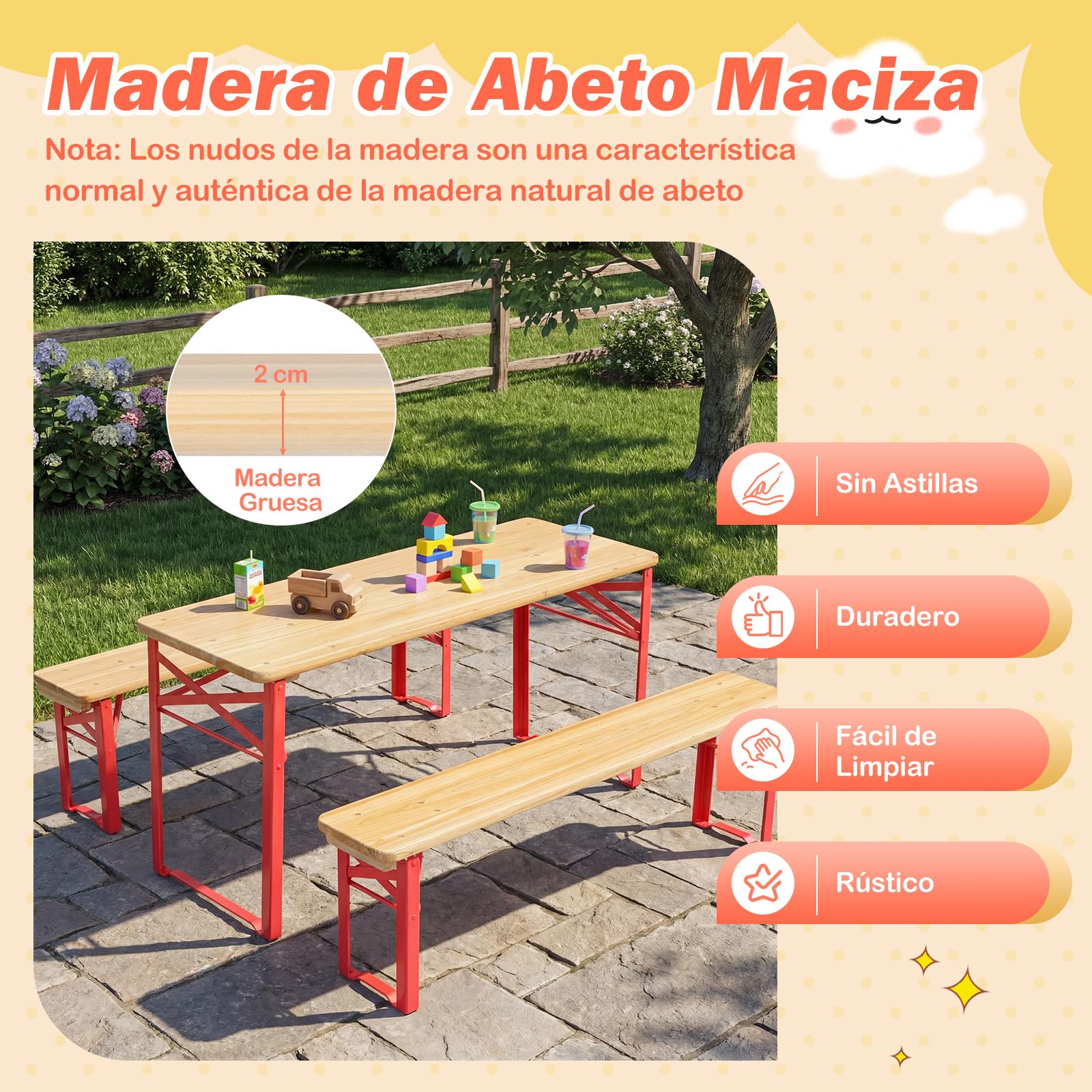 COSTWAY Juego de Mesa y 2 Bancos Plegables para Niños, Mesa de Picinc para 4 Perosonas con Tablero de Madera de Abeto, Marco de Metal, Conjunto Jardín de Asientos Infantiles
