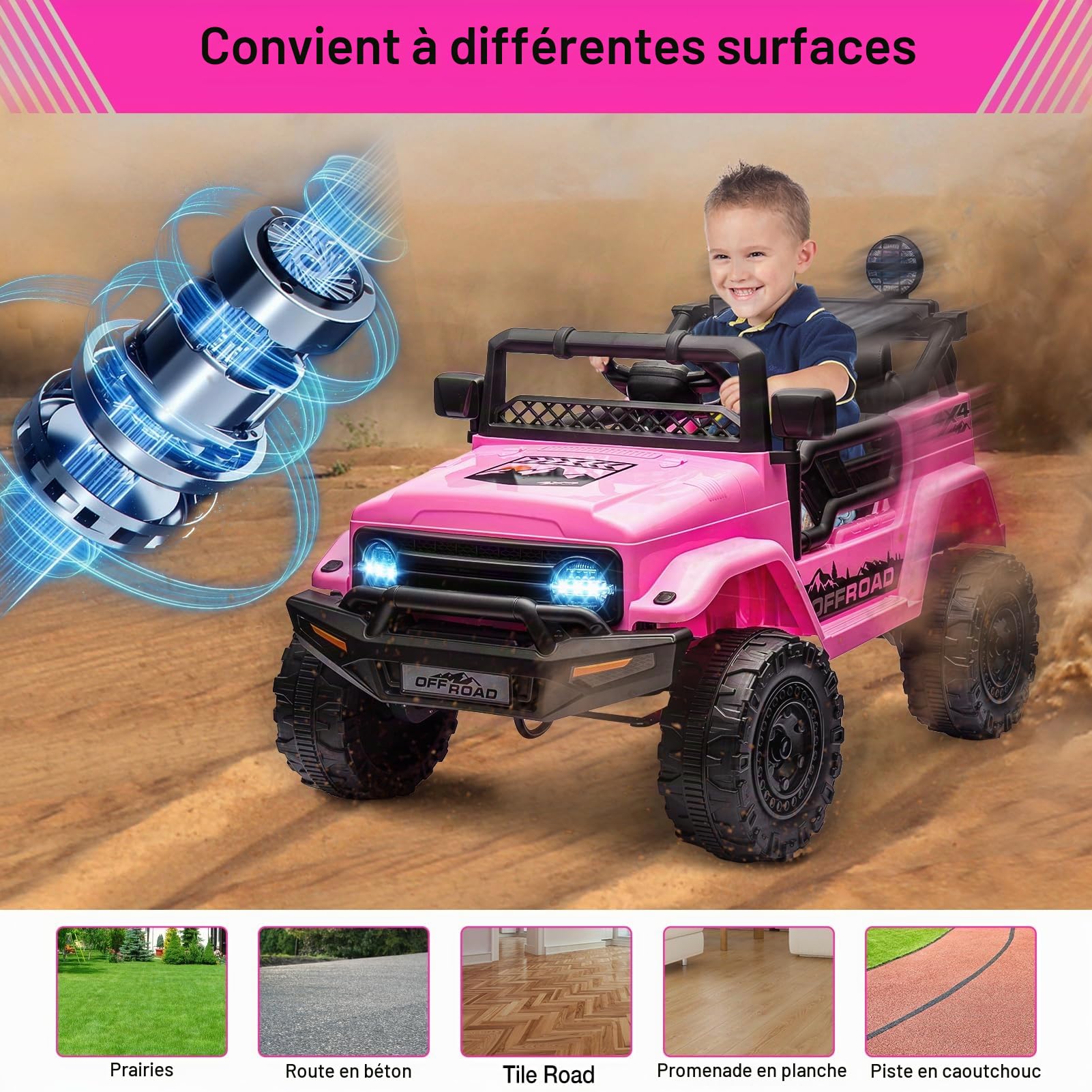 Voiture Électrique Enfant 12V, Quad Électrique pour Enfant, Suspension à Ressort, Ceinture De Sécurité, Lumières LED, sans Fil, MP3/USB/TF, 3 Vitesses, 3-8 Ans, Rose