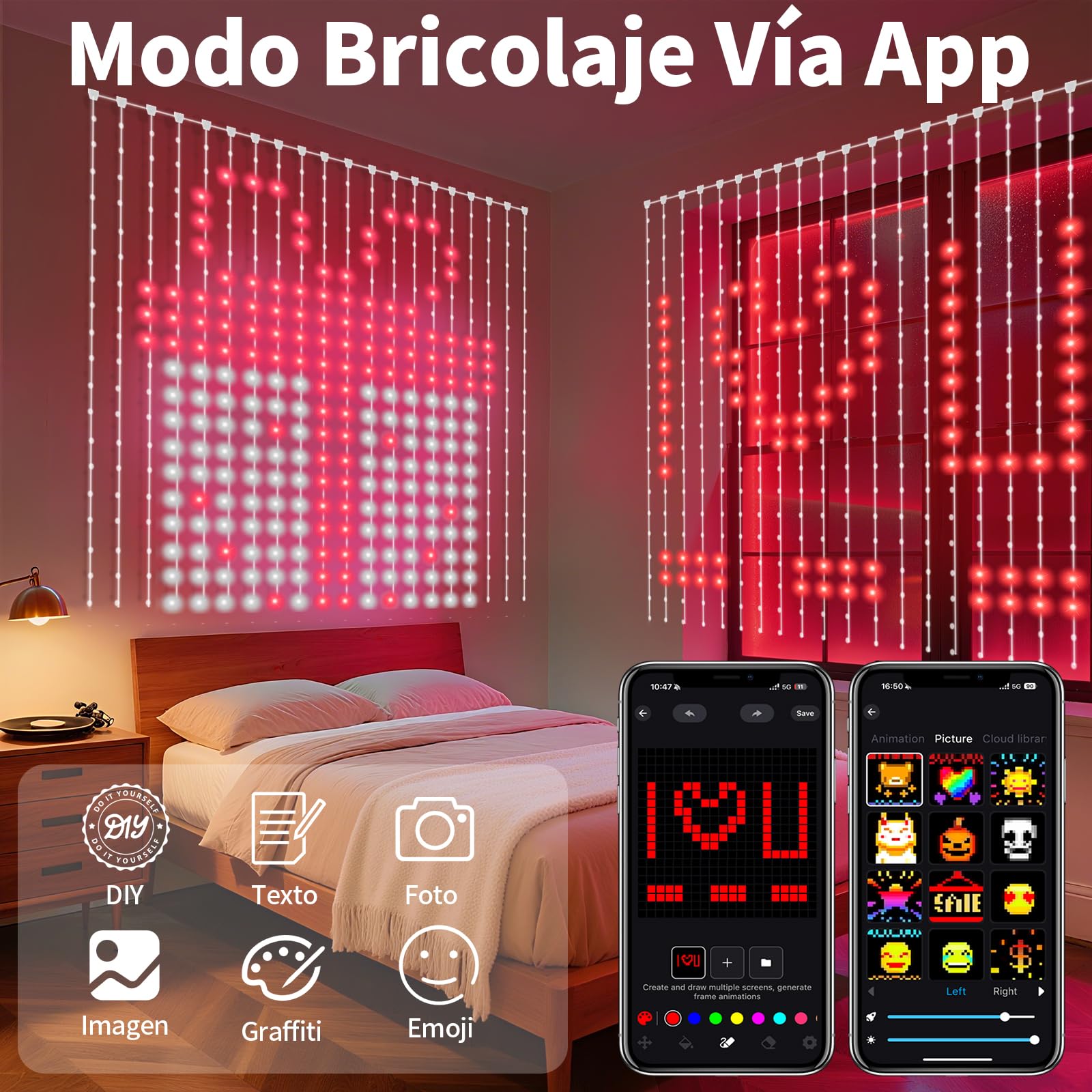 YOOHBERRYS Cortina de Luces, Cortina LED Inteligente Con Control Remoto/APP, USB, DIY Dinámico e Minutero, 400 LEDs Cortina Luminosa Luces Navidad Boda Exterior e Interior IP65 (2 x 2M)