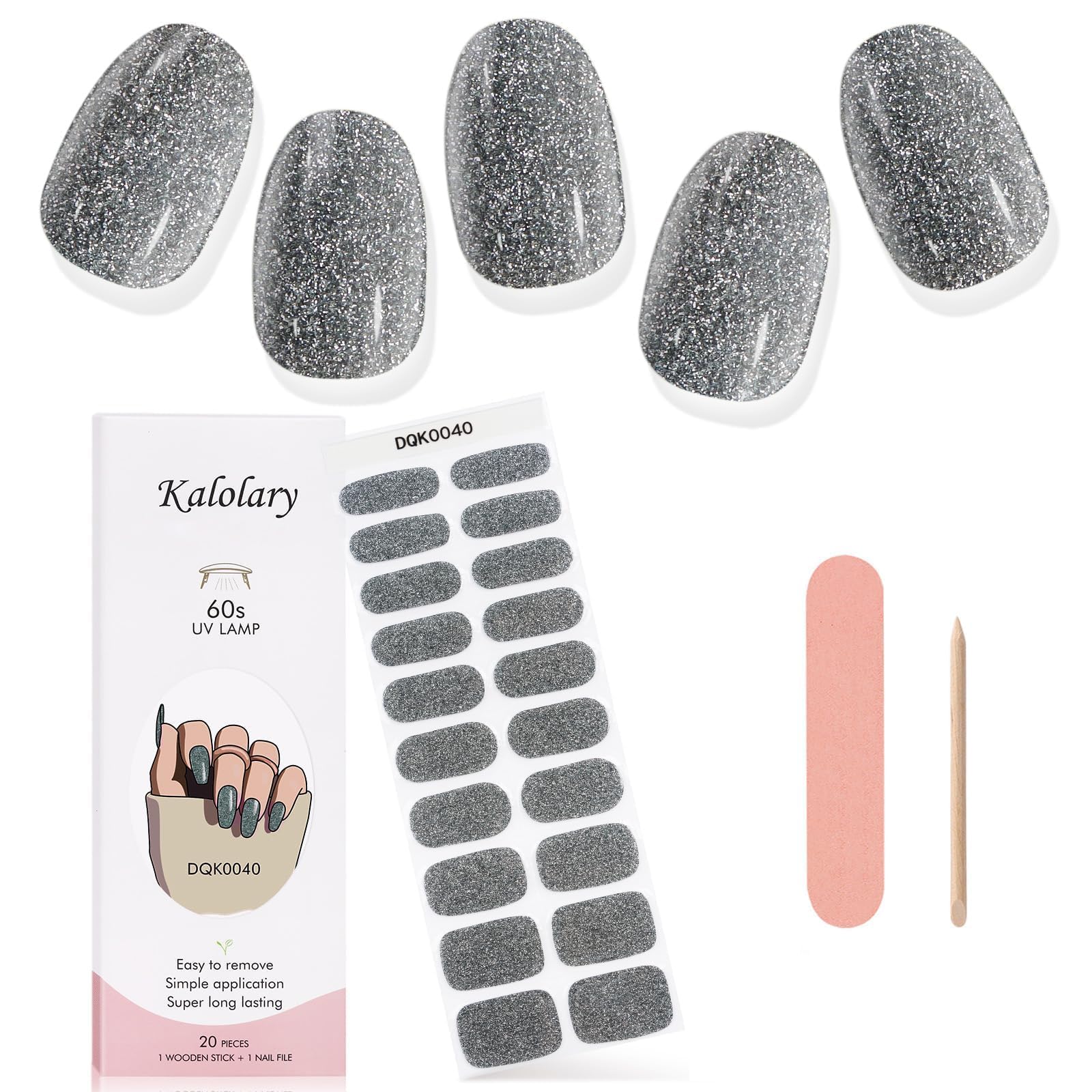 Kalolary Gel de Pegatinas, 20PCS Gris Brillante Pegatinas Esmalte de Uñas Envoltura Completa Pegatinas de Envoltura de Uñas Autoadhesivas con Lima de Uñas y palo(Requiere Lámpara UV/LED)