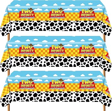 3 Pack Cartoon Story Birthday Party Tablecloth Two Infinity and Beyond Table Cover Cow Pattern Printed Blue Sky White Cloud Tablecloths Birthday Party Decoration Blue Yellow