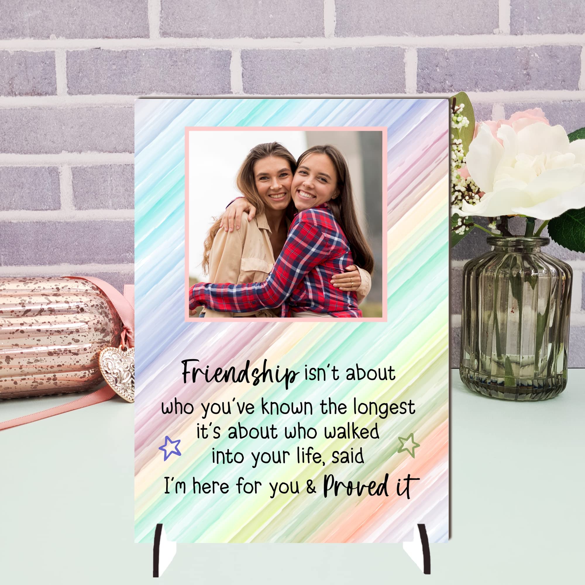 Personalised A5/A4 Friendship Plaque - Heartfelt Gift with Custom Photo - Freestanding MDF or Acrylic Plaque with Inspiring Quote (Mdf Wood A5 21cm x 15cm, Pastel Rainbow) — image 1