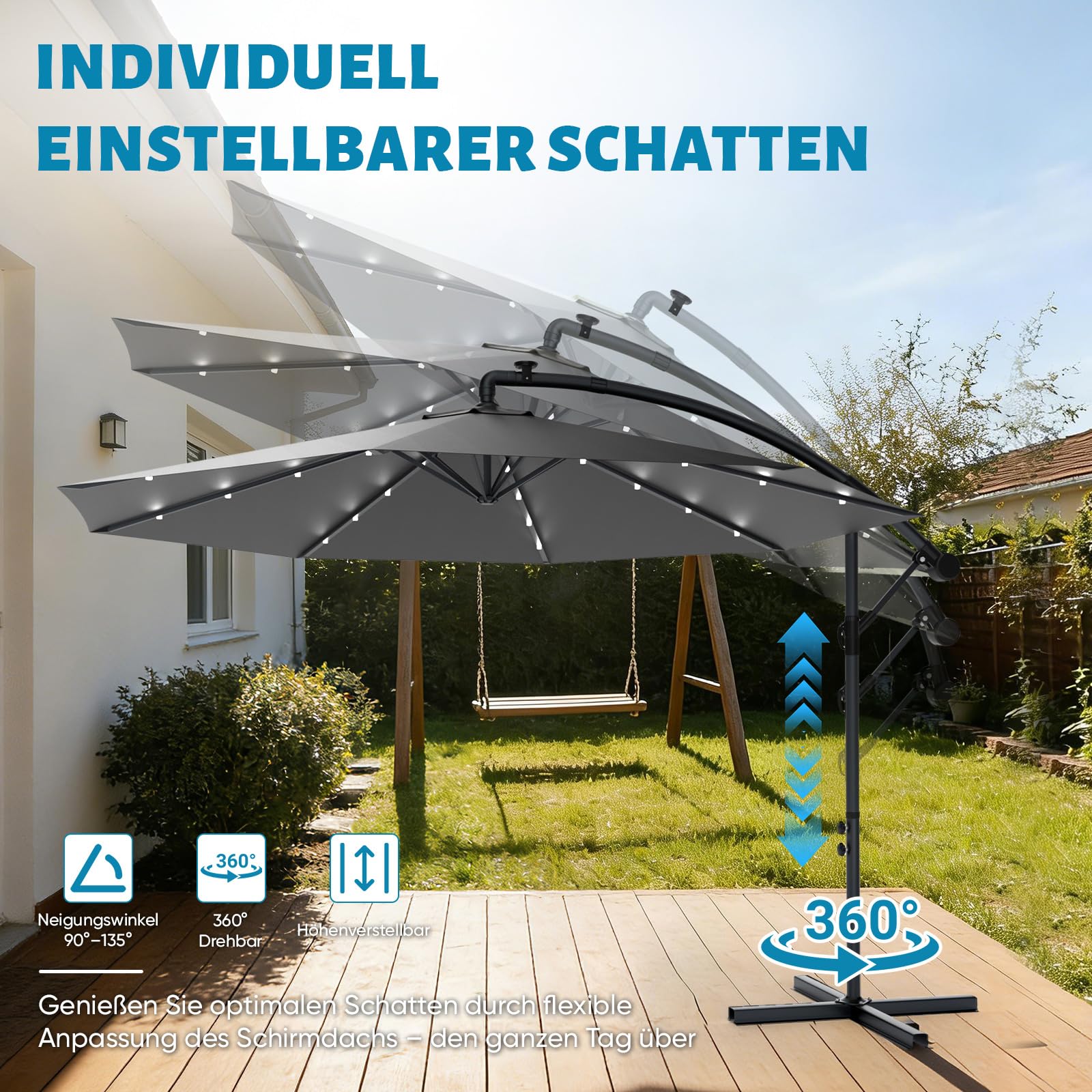 Ferghana Ombrellone da giardino con supporto e manovella, 300/350 cm, protezione UV
