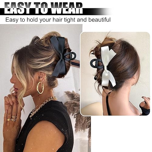Miniatura 3 de Vodolo Pinza para el pelo con lazo para mujeres y niñas, 3 piezas antideslizantes con lazos grandes para cabello grueso y delgado (negro + blanco)