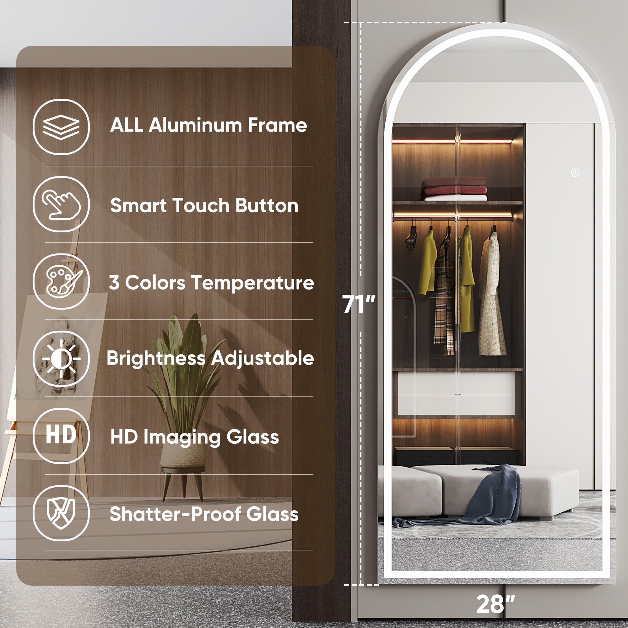 Antok LED Full Length Mirror, 71" x 28" Lighted Floor Standing LED Mirror Full Length,Hanging Mirrors with Stand Free Standing Floor Mirrors for Bedroom (Rect): 71"L x 28"W Arched Style White