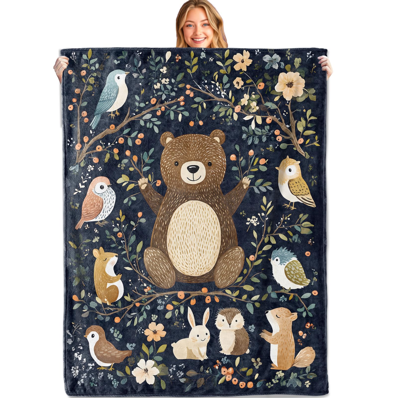 MIEPOS Woodland Animal Throw Blanket,50x60in,Soft,Lightweight Flannel,Bear Bird Forest Blankets - Gifts for Kids Girls Women,for Couch Office Travel,