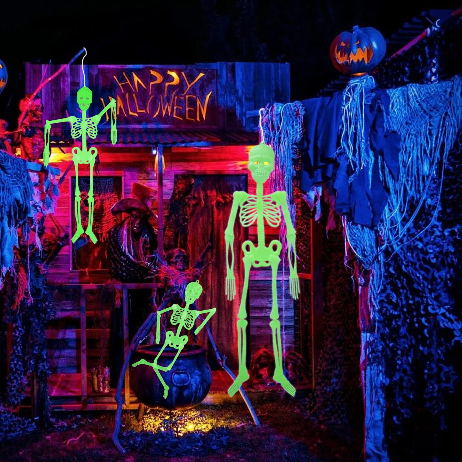 3 sztuki dekoracja na Halloween, świecący szkielet, realistyczne ludzkie szkielety, 3D, straszna dekoracja na Halloween, do ogrodu, straszna impreza tematyczna w pomieszczeniach