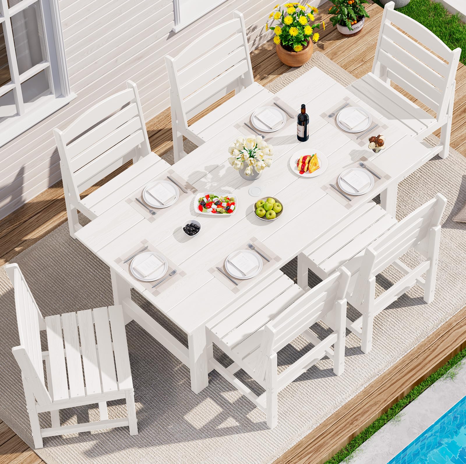 SERWALL 7-Pc HDPE Patio Dining Set, 1 Table &amp; 6 Armless Chairs, White | HDPE Outdoor Dining Set with Rectangular Table &amp; 6 Armless Chairs, All-Weather Resistant SERWALL Dining Set for 6