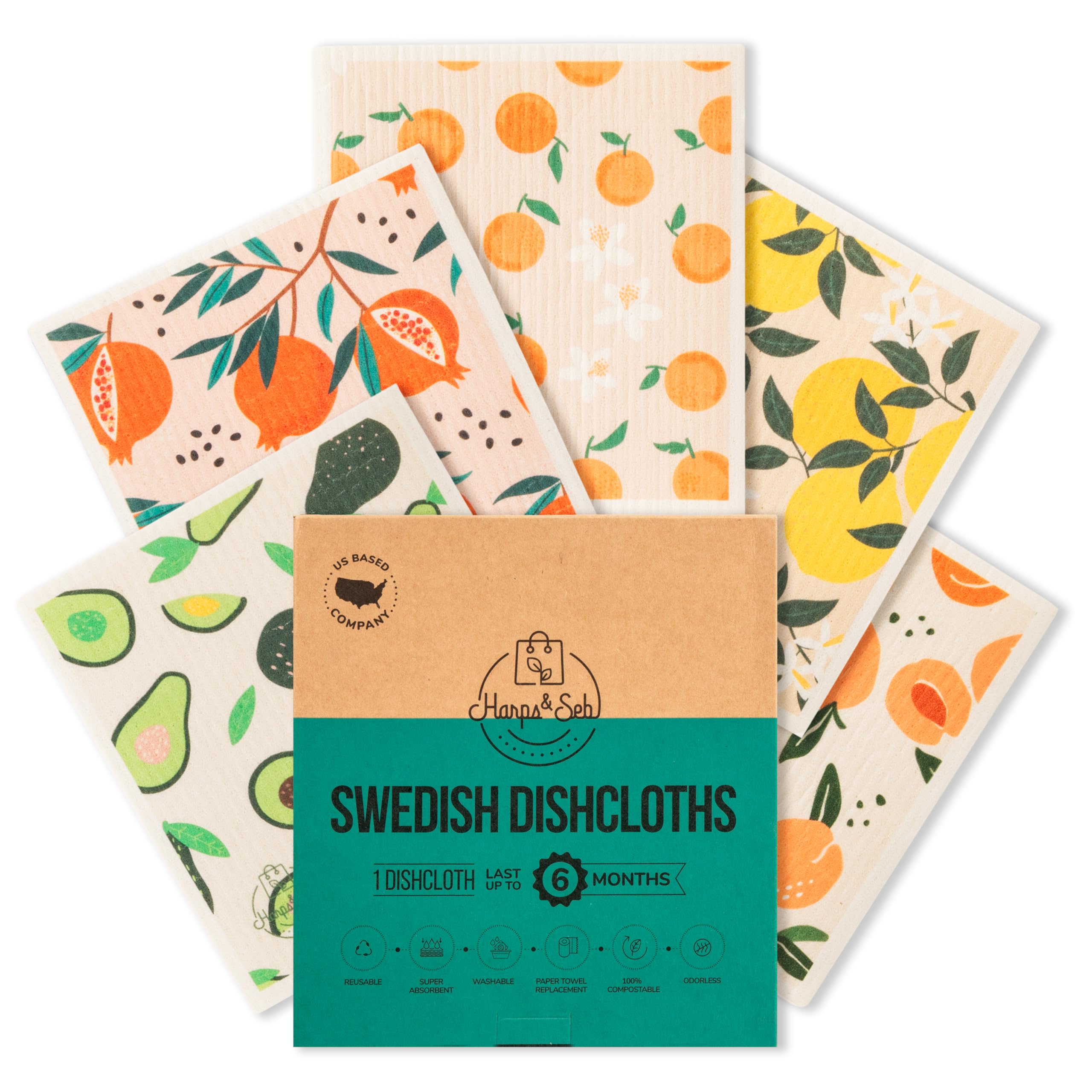 Harps Seb Swedish Dishcloths for Kitchen Dish Towels - 5 Pack Non-Scratch Reusable Paper Towels Super Absorbent Washable