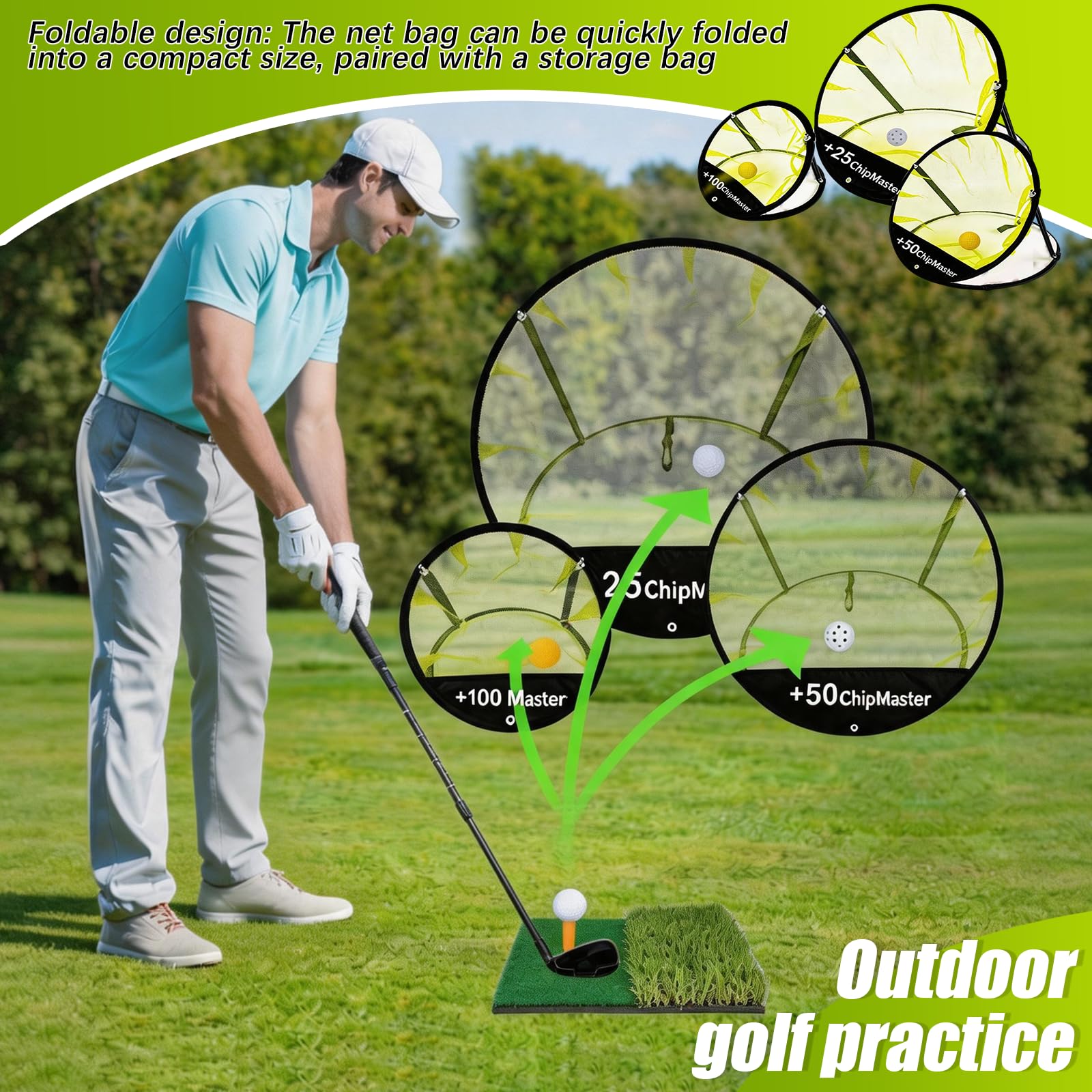 Filet de Golf, Kit 3 Pièces Filet D'entraînement de Golf avec Tapis de Gazon Synthétique de 30 x 30 cm Putter Télescopique 6 balles et Sac de Rangement pour L'entraînement en Intérieur et en Extérieur