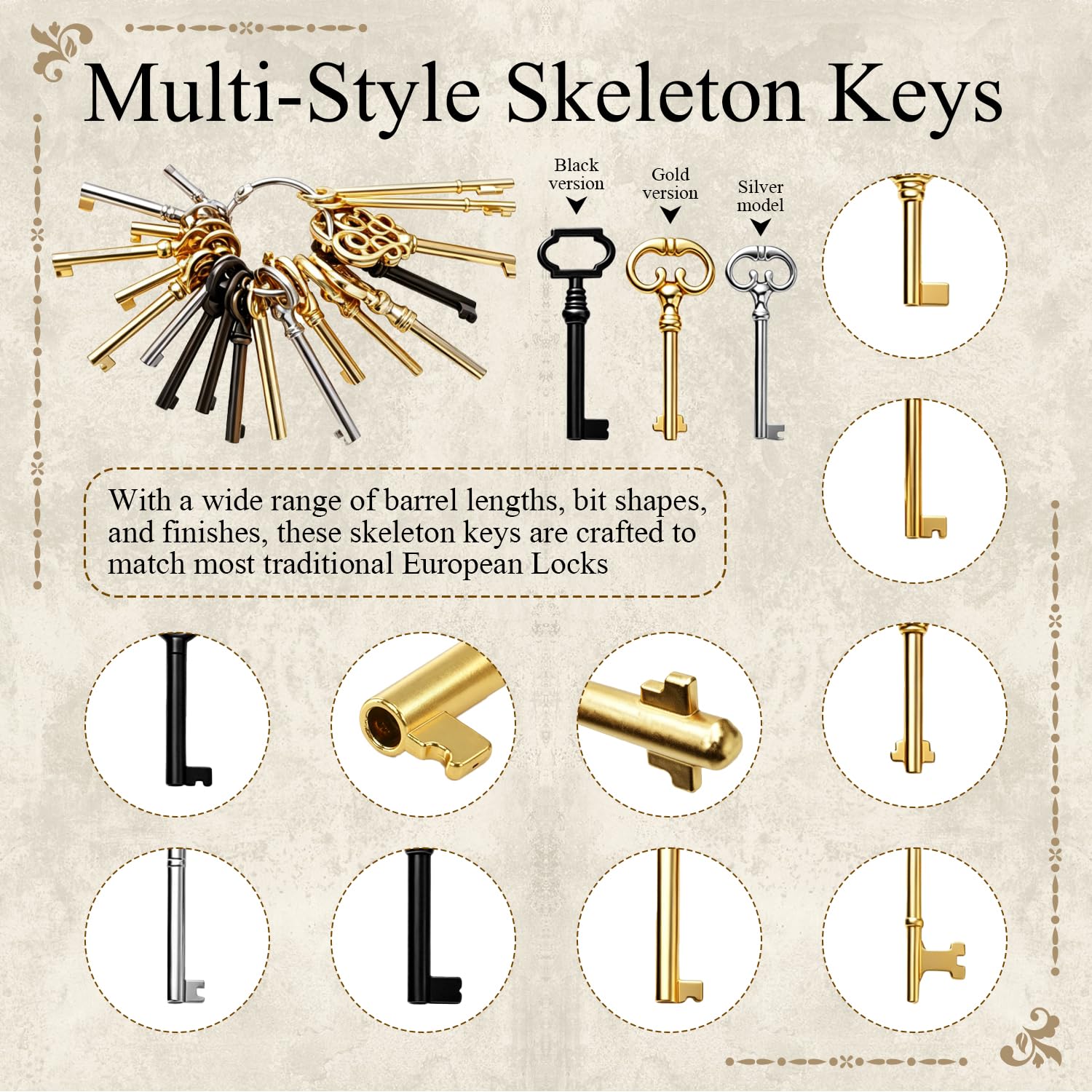 19 Stück Vintage Universal Schrankschlüssel Set Multi-Stil Antike Schlüssel für Alte Möbelschlüssel Ersatz Schränke Uhren Schubladen Schränke DIY Deko und Sammeln