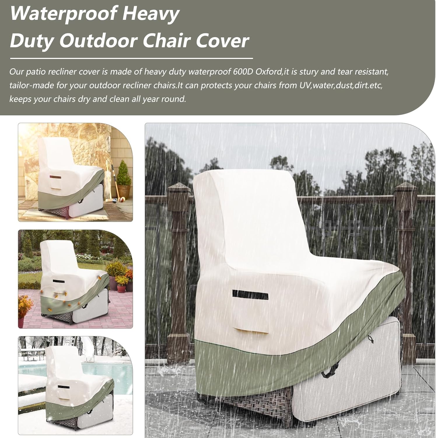 Outdoor Recliner Chair Covers 2 Pack,Patio Swivel Chair Covers,600D Heavy Duty Waterproof Patio Rocking Chairs Cover,Outdoor Furniture Covers for All Weather Protection.White&Grayish Green
