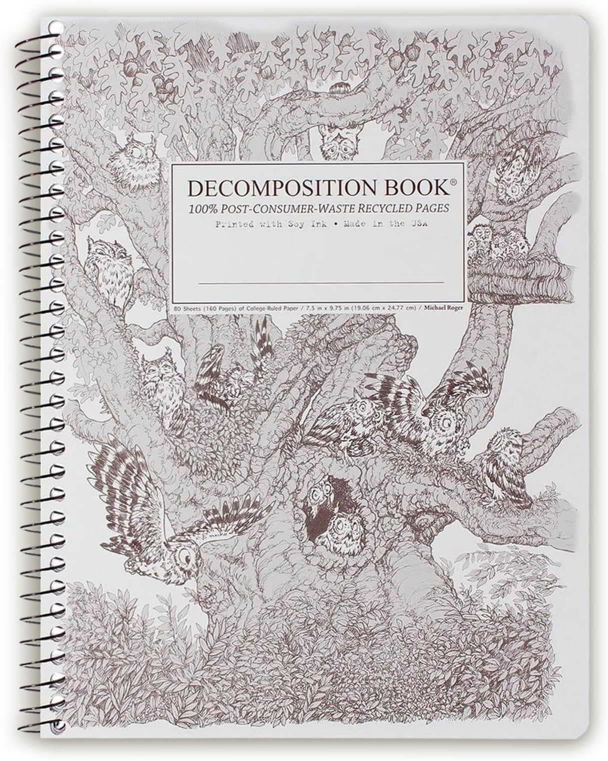 Decomposition Screech Owls College Ruled Spiral Notebook - 9.75 x 7.5 Journal with 160 Lined Pages - 100% Recycled Paper - Cute Notebooks for School Supplies, Home & Office - Made in USA