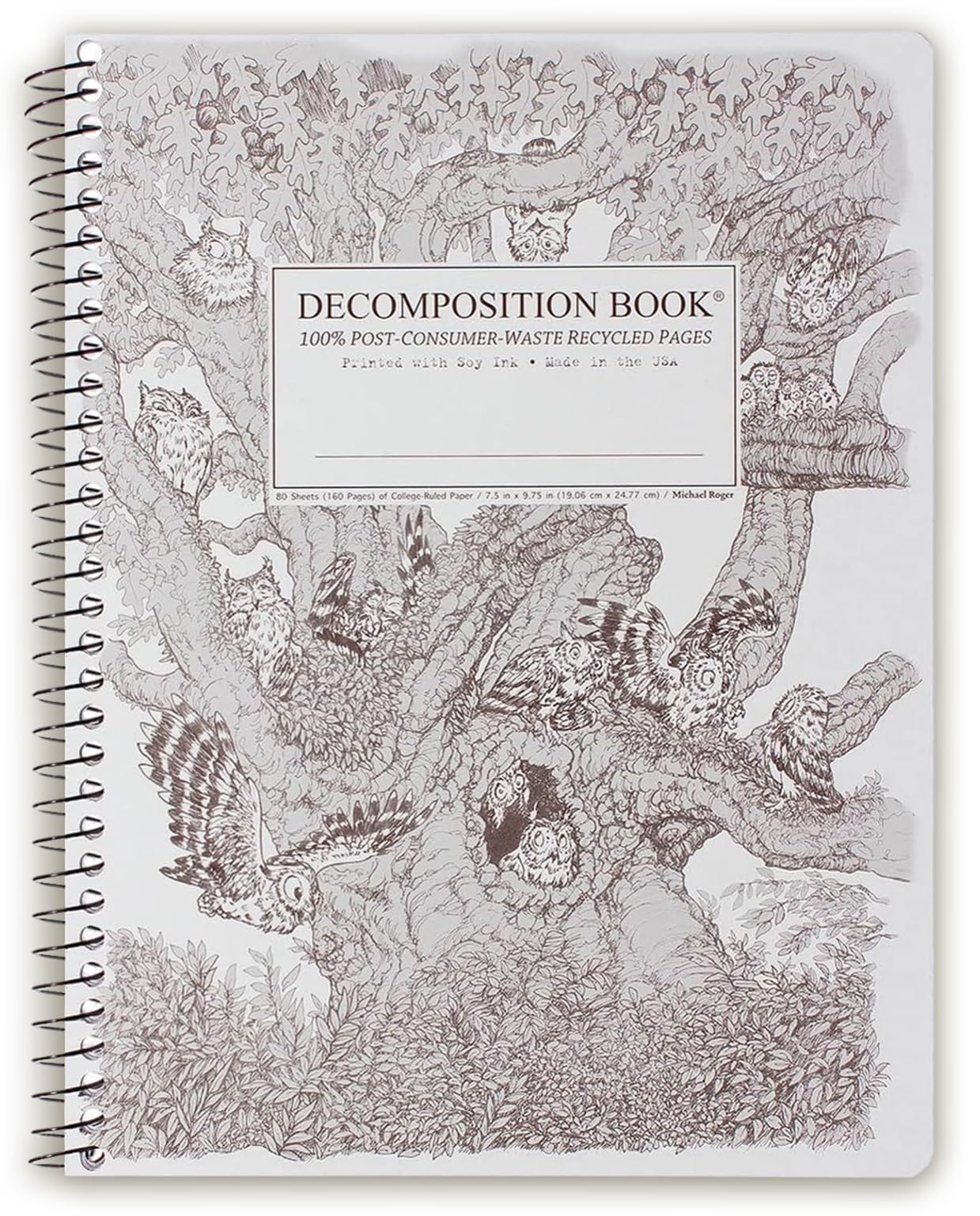 Decomposition Screech Owls College Ruled Spiral Notebook - 9.75 x 7.5 Journal with 160 Lined Pages - 100% Recycled Paper - Cute Notebooks for School Supplies, Home & Office - Made in USA